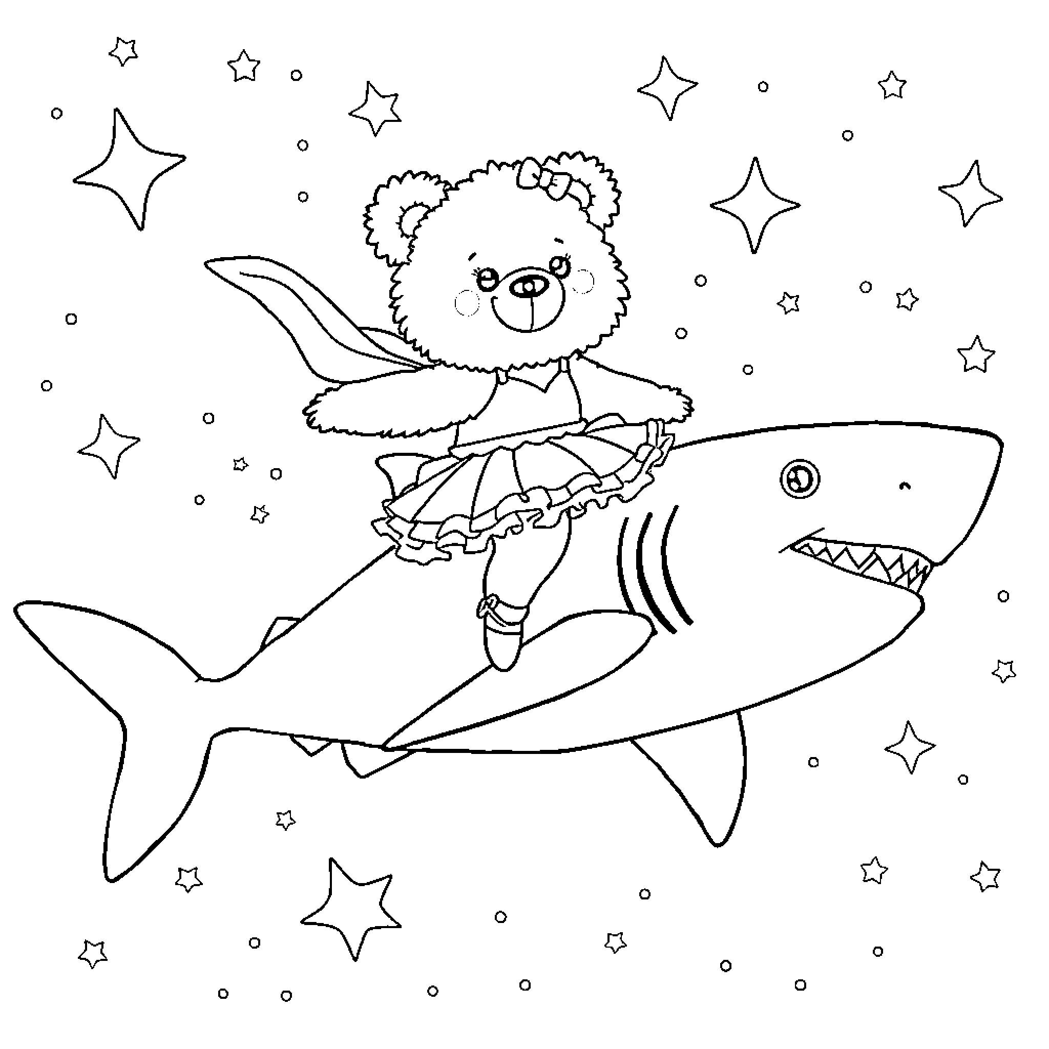 Bear riding a shark in a starry night Coloring Page (free black-and-white line drawing printable PDF for all, from beginners to advanced learners, including children, teens, adults, and seniors)