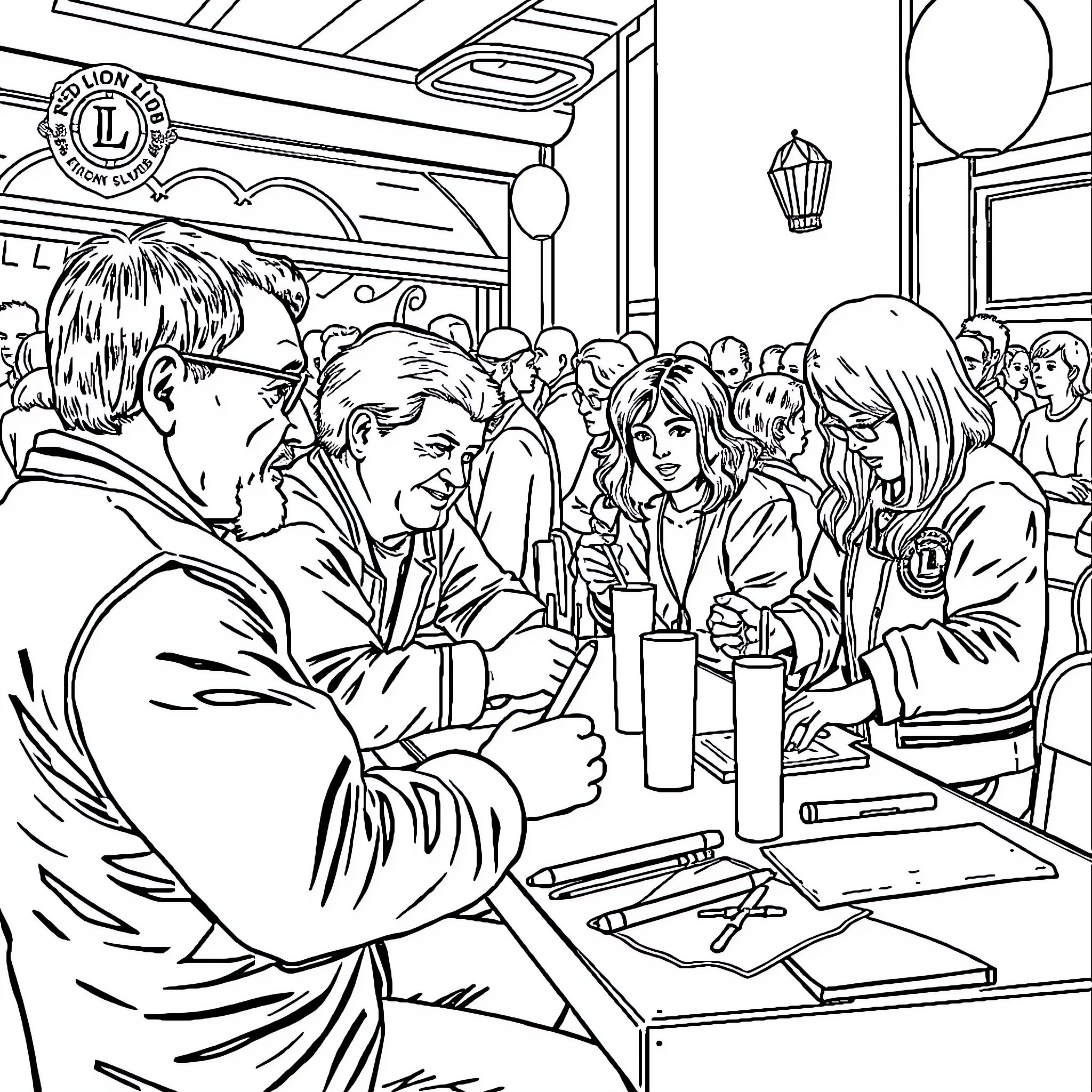 Lion Bar customers interacting in a busy cafe Coloring Page (free black-and-white line drawing printable PDF for all, from beginners to advanced learners, including children, teens, adults, and seniors)