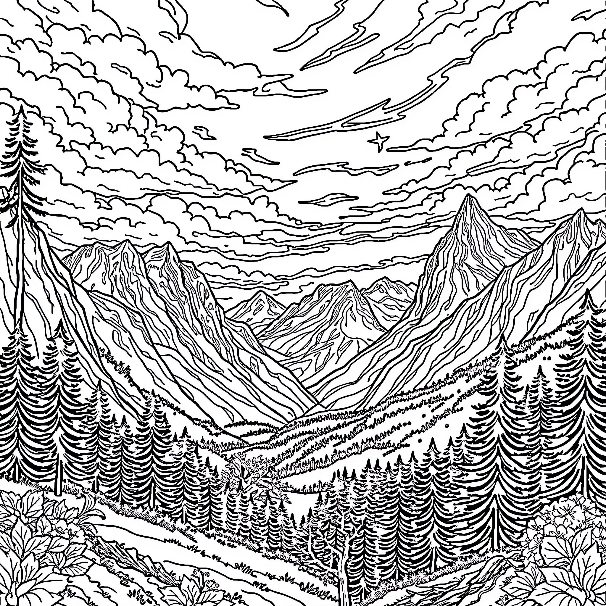 God's Majestic Mountain Landscape Coloring Page (free black-and-white line drawing printable PDF for all, from beginners to advanced learners, including children, teens, adults, and seniors)