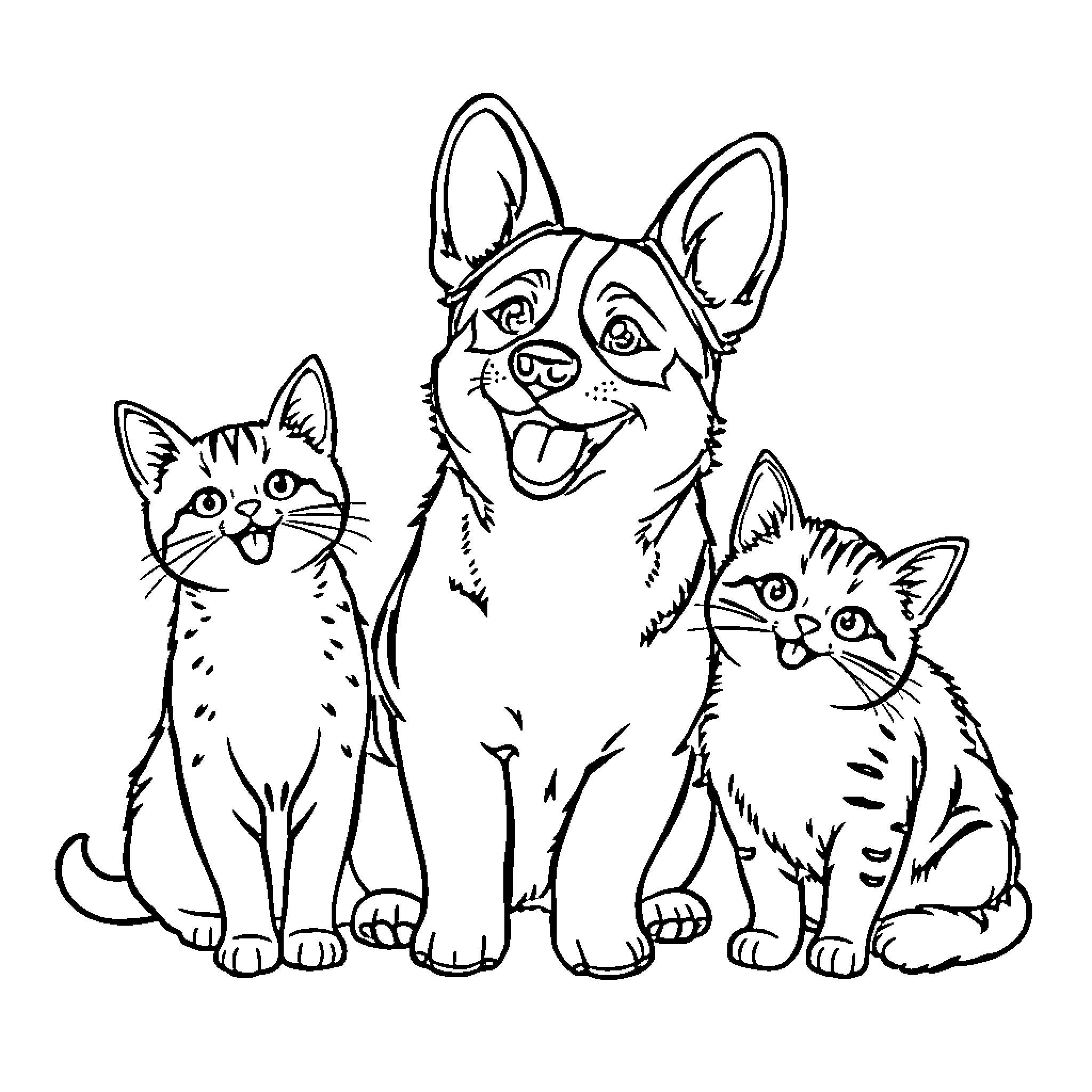 Corgi and kittens posing happily together Coloring Page (free black-and-white line drawing printable PDF for all, from beginners to advanced learners, including children, teens, adults, and seniors)