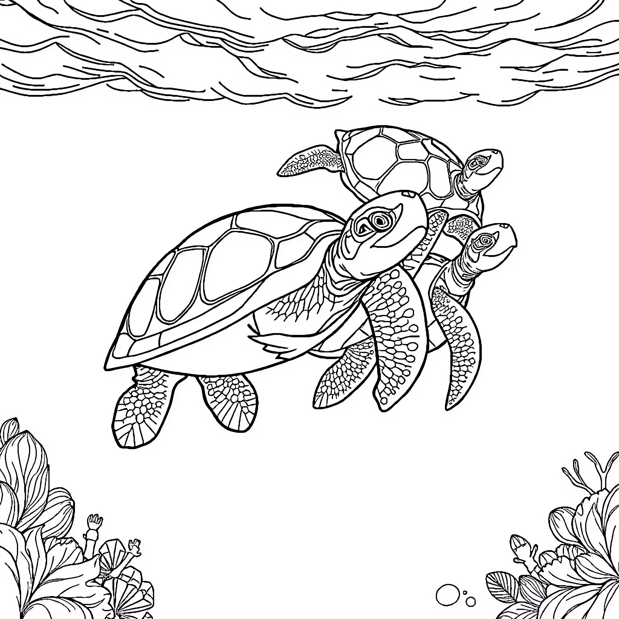 Turtle swimming through underwater seascape Coloring Page (free black-and-white line drawing printable PDF for all, from beginners to advanced learners, including children, teens, adults, and seniors)