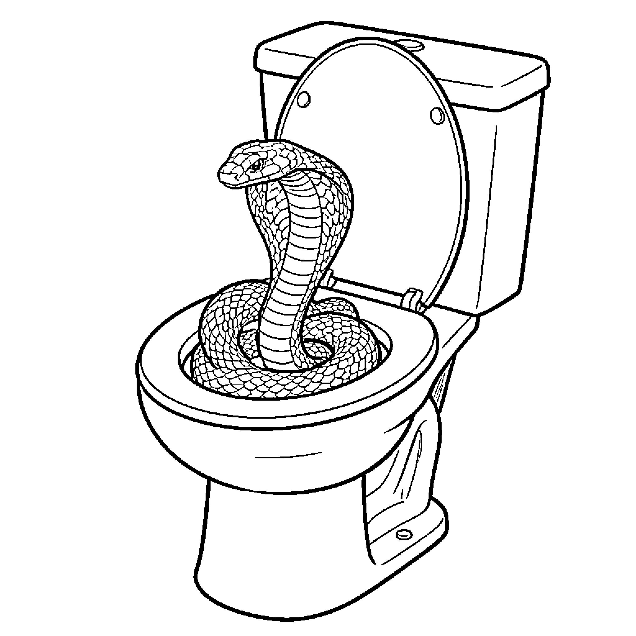 Cobra emerging from inside a toilet bowl Coloring Page (free black-and-white line drawing printable PDF for all, from beginners to advanced learners, including children, teens, adults, and seniors)