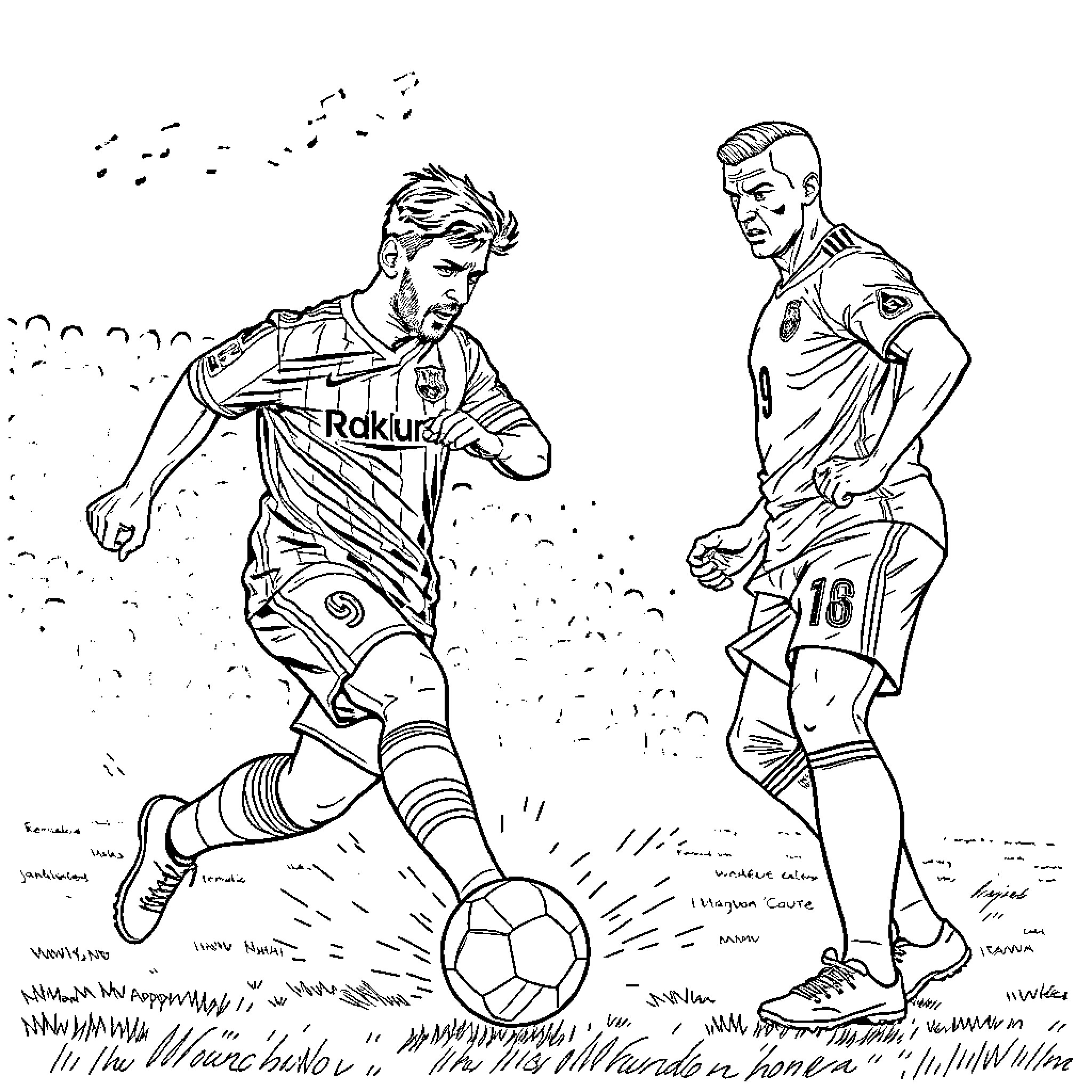 Messi and teammate playing football on the field Coloring Page (free black-and-white line drawing printable PDF for all, from beginners to advanced learners, including children, teens, adults, and seniors)