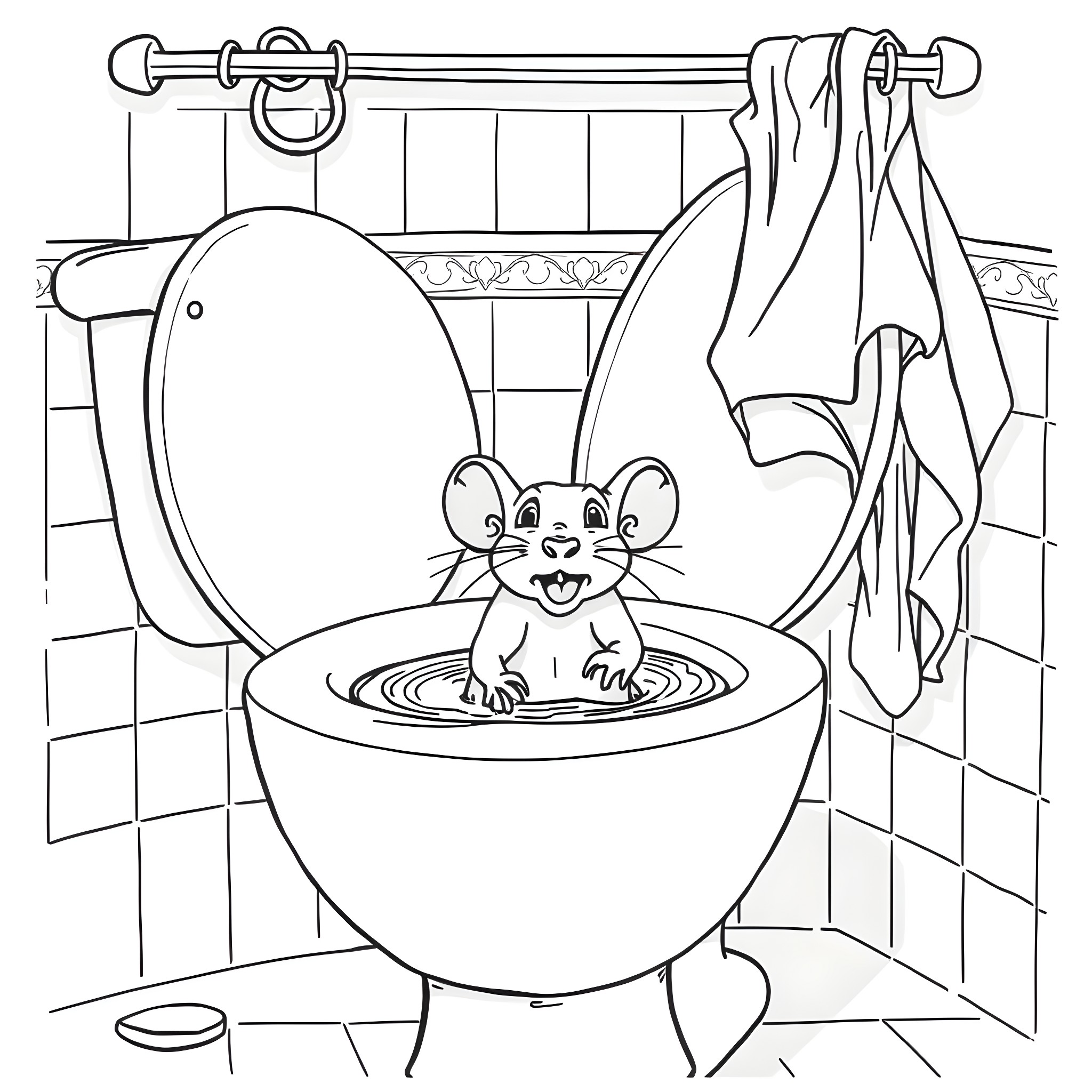 Rat playing happily in the toilet bowl Coloring Page (free black-and-white line drawing printable PDF for all, from beginners to advanced learners, including children, teens, adults, and seniors)
