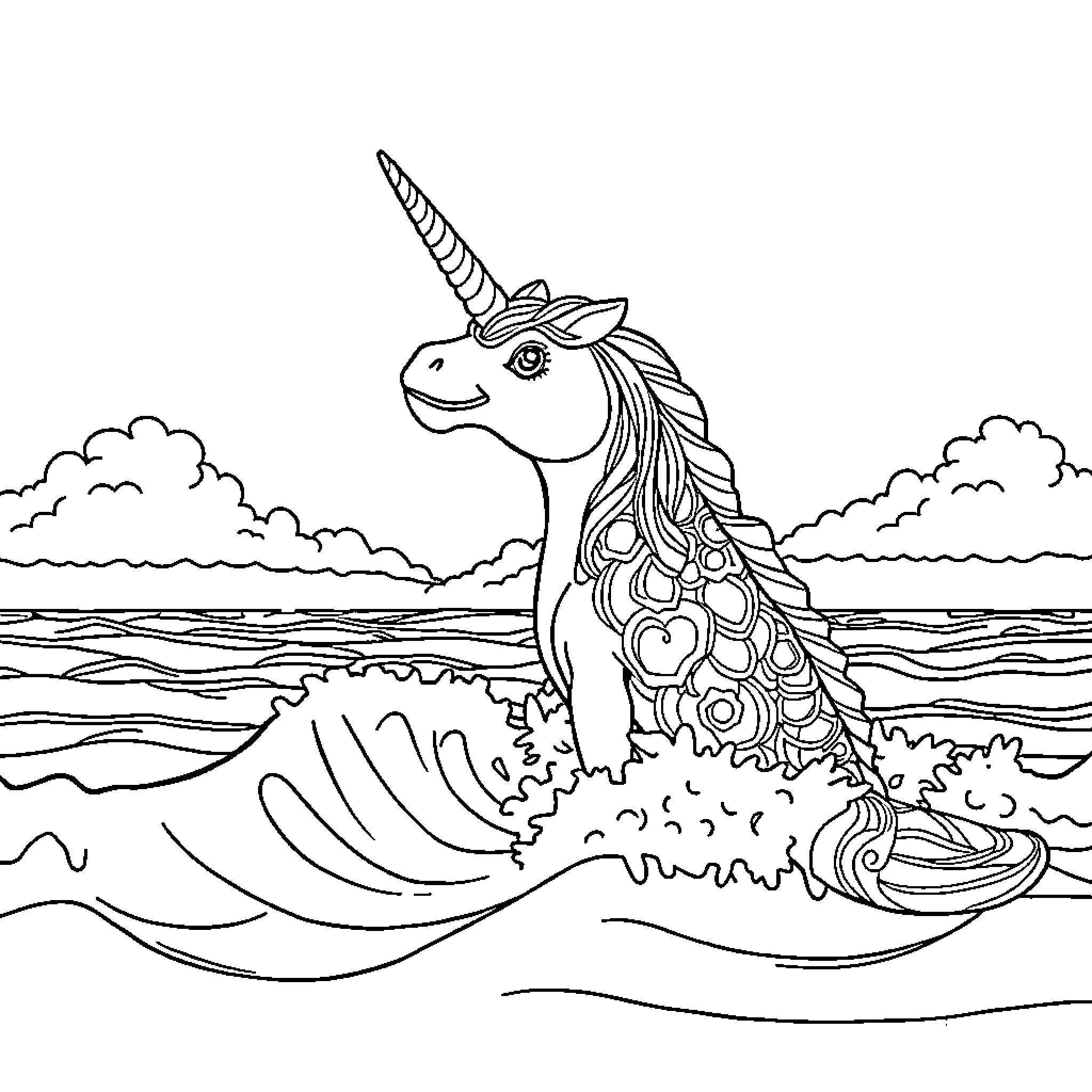 Unicorn swimming in a magical ocean landscape Coloring Page (free black-and-white line drawing printable PDF for all, from beginners to advanced learners, including children, teens, adults, and seniors)