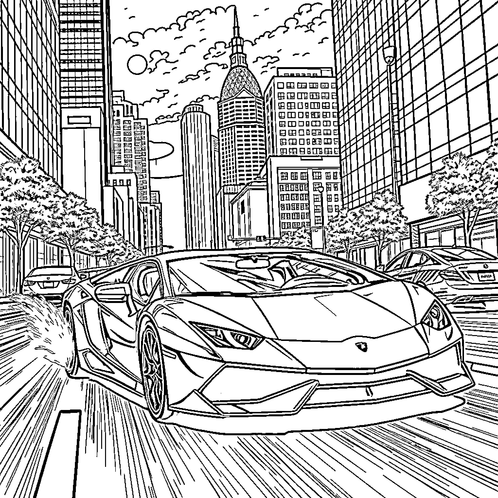 Lamborghini supercar speeding through the city Coloring Page (free black-and-white line drawing printable PDF for all, from beginners to advanced learners, including children, teens, adults, and seniors)