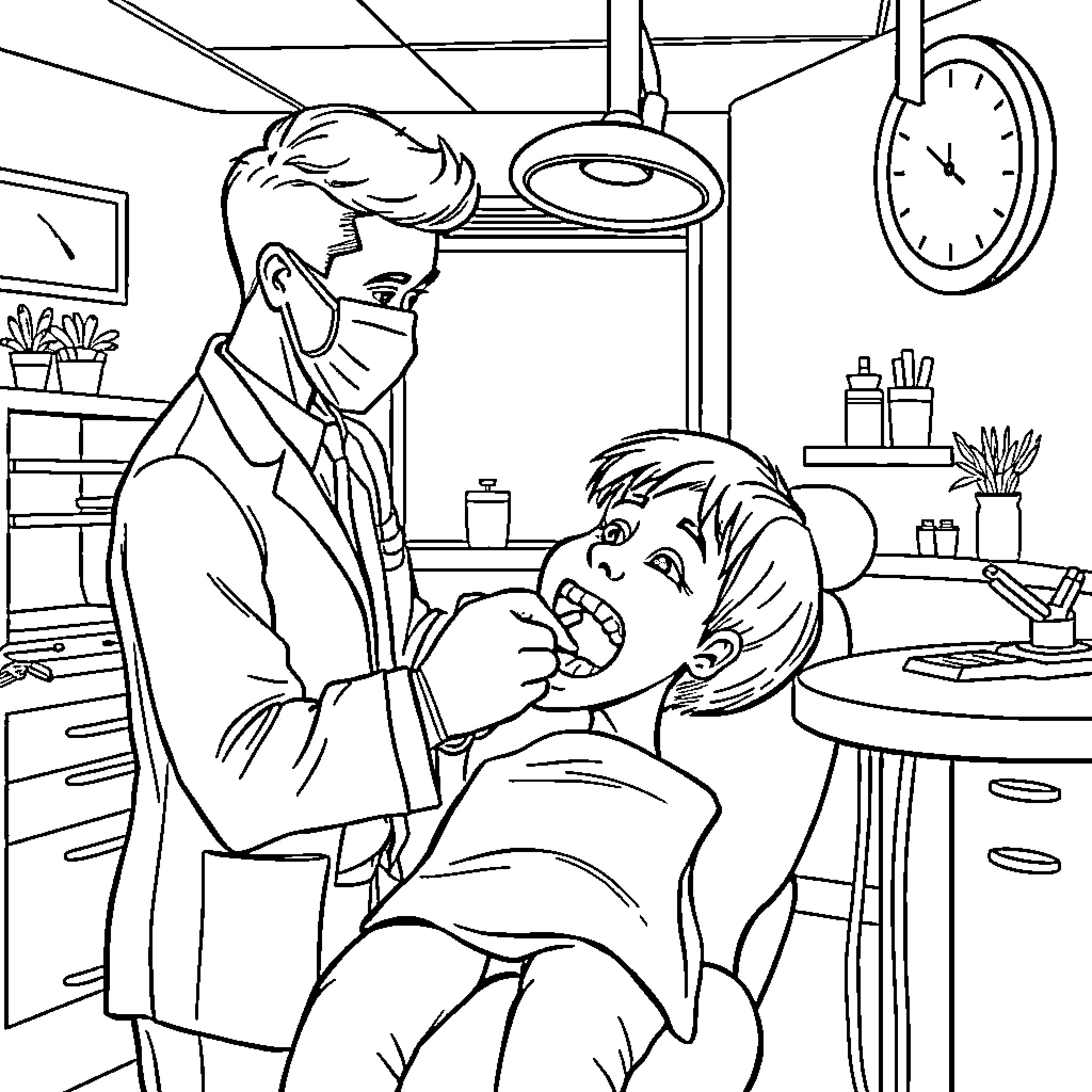 Dentist examining patient's teeth in clinic Coloring Page (free black-and-white line drawing printable PDF for all, from beginners to advanced learners, including children, teens, adults, and seniors)