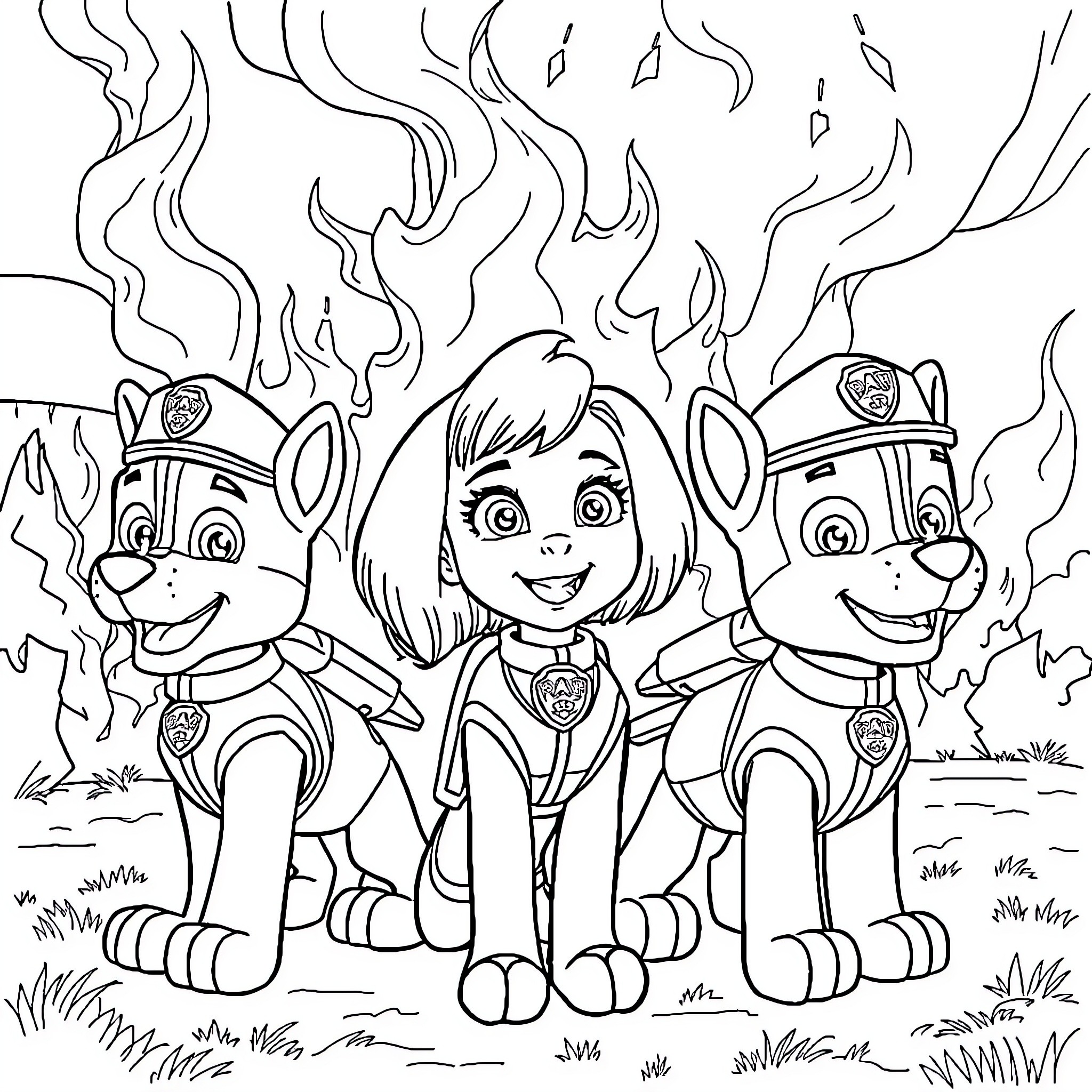 Girl with Paw Patrol Pups on an Adventure Coloring Page (free black-and-white line drawing printable PDF for all, from beginners to advanced learners, including children, teens, adults, and seniors)