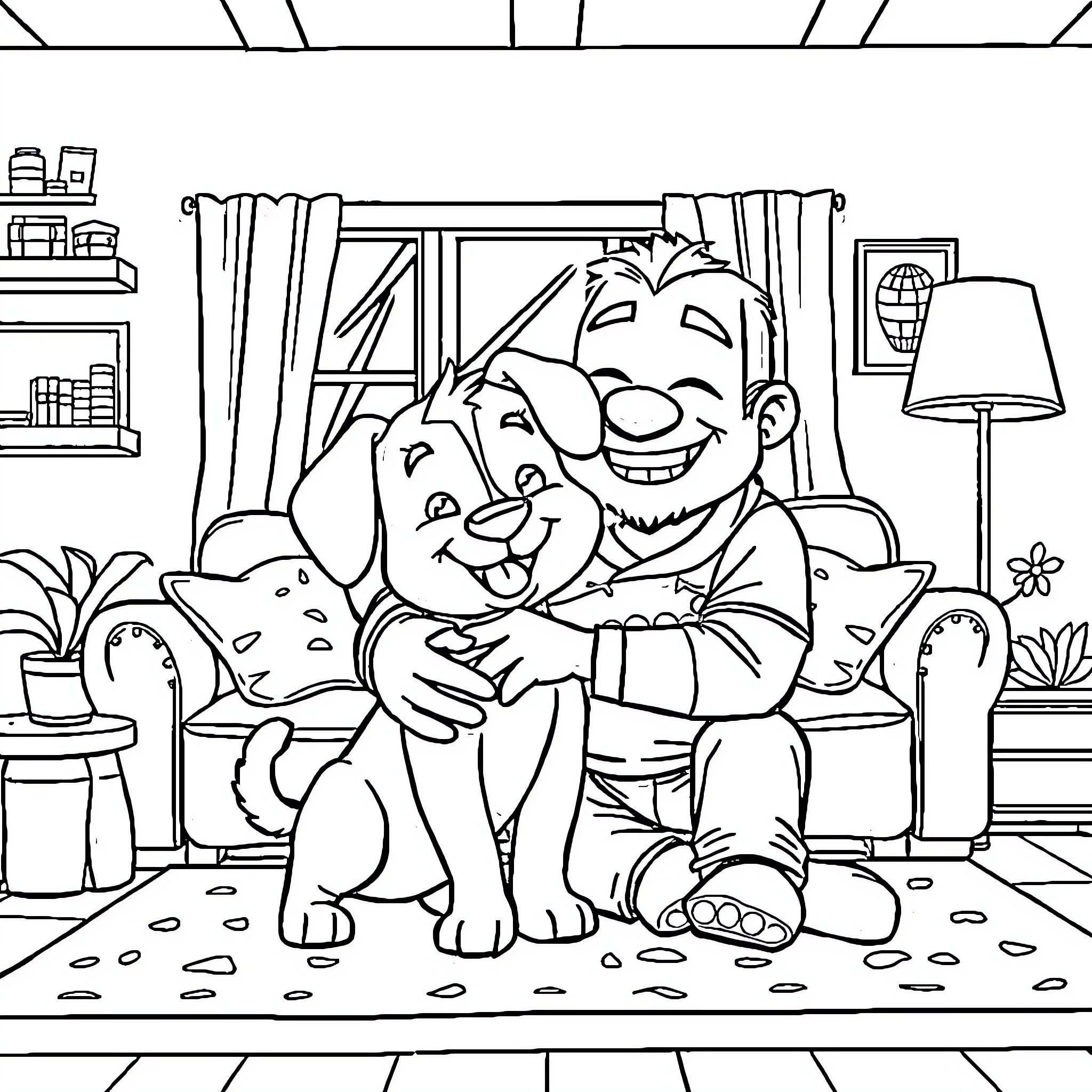 Bluey spending quality time with furry friends Coloring Page (free black-and-white line drawing printable PDF for all, from beginners to advanced learners, including children, teens, adults, and seniors)