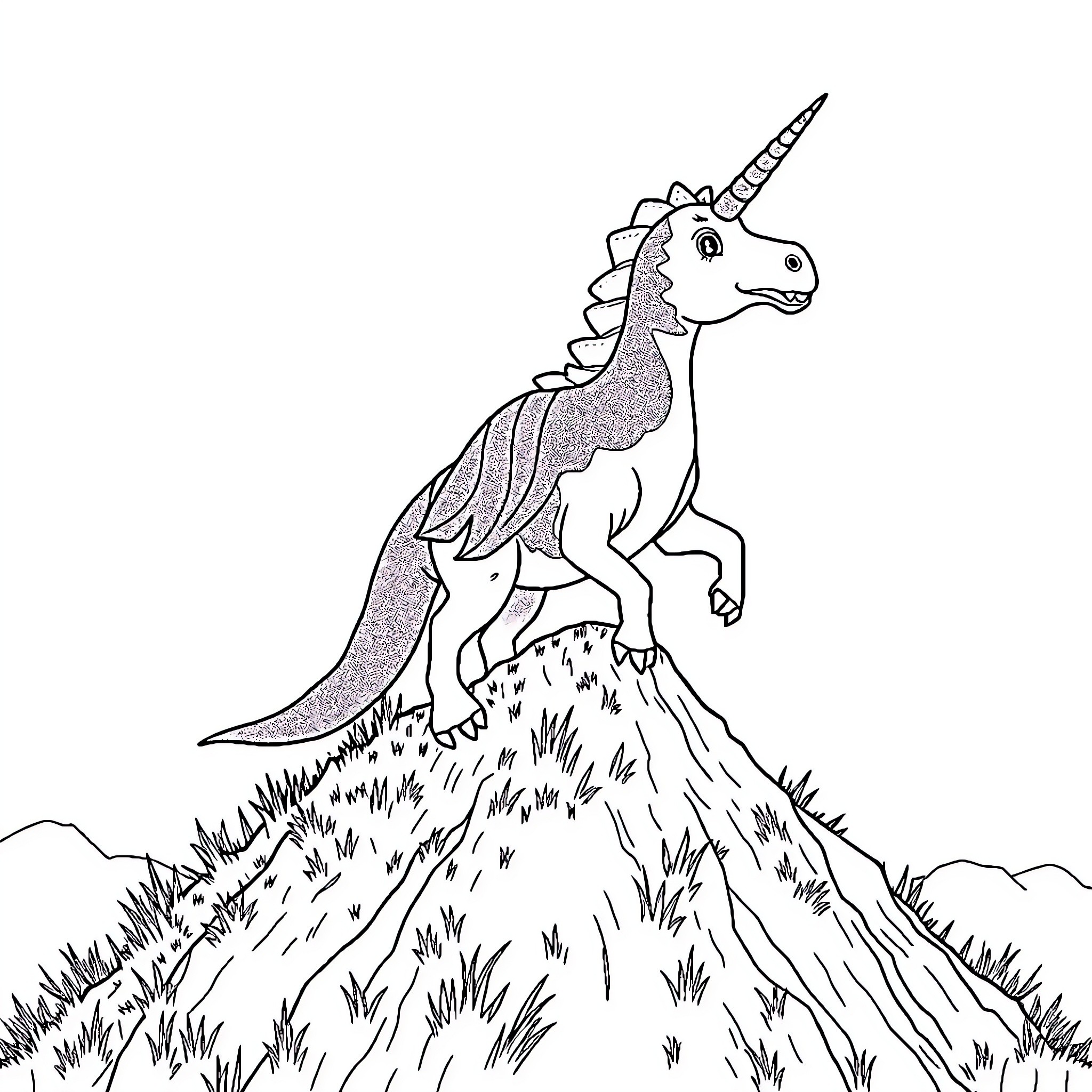 Dinosaur unicorn roaming in the wilderness Coloring Page (free black-and-white line drawing printable PDF for all, from beginners to advanced learners, including children, teens, adults, and seniors)