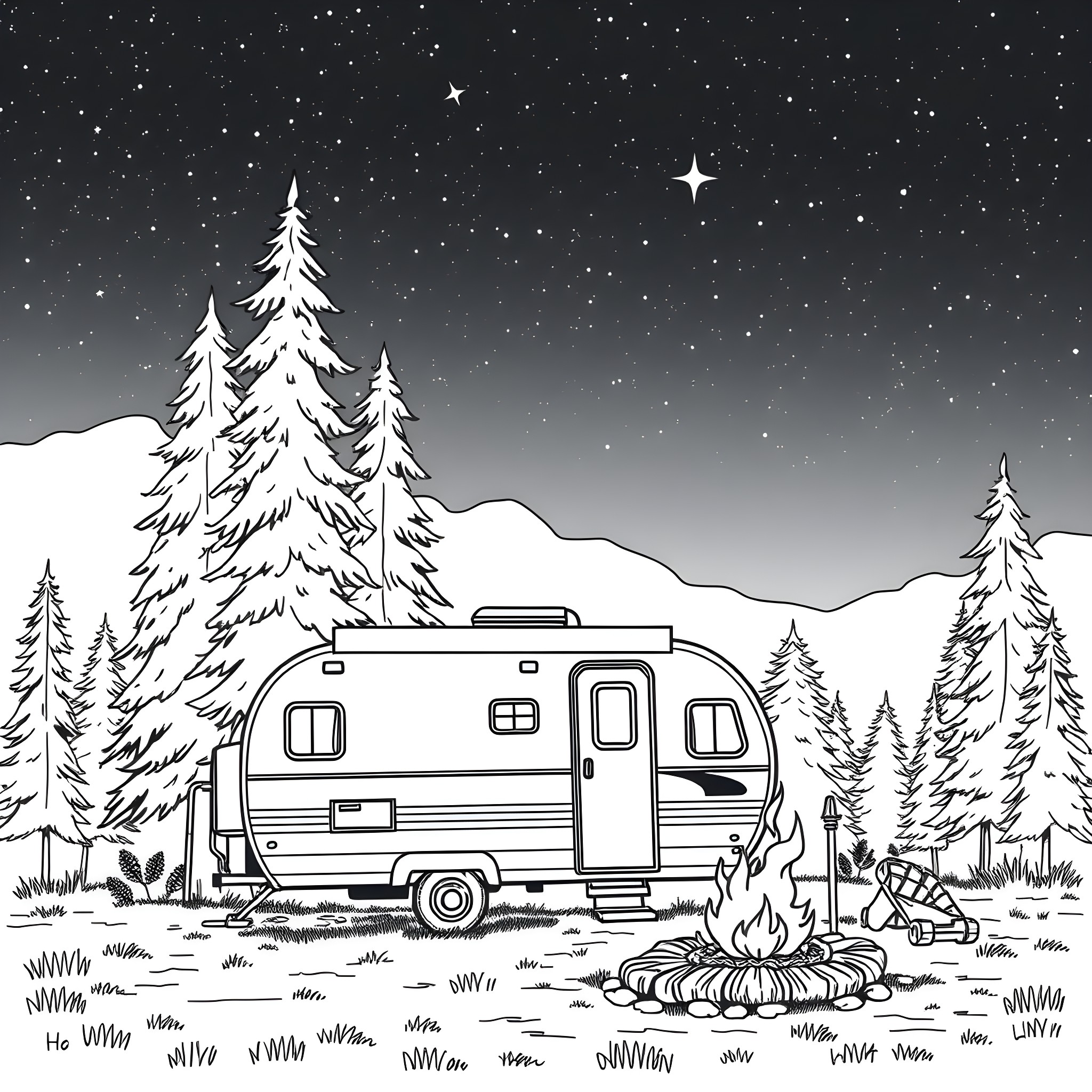 Trailer Camping Under Starry Night Sky Coloring Page (free black-and-white line drawing printable PDF for all, from beginners to advanced learners, including children, teens, adults, and seniors)