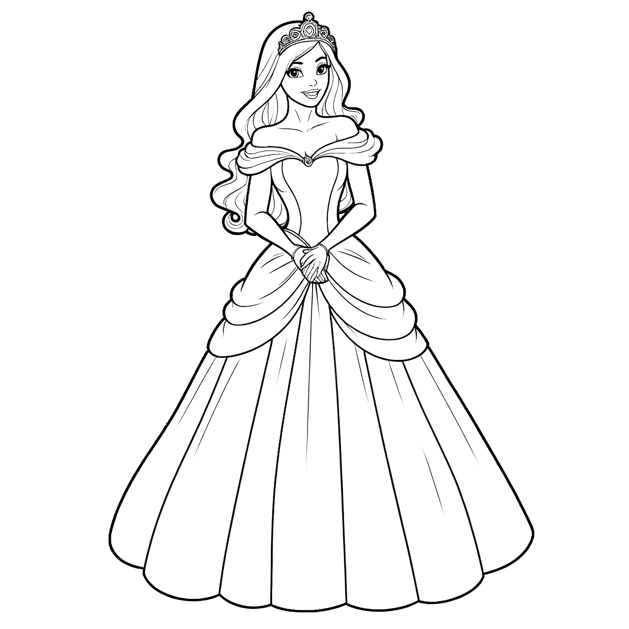 Megara, the Graceful Princess in Her Elegant Gown Coloring Page (free black-and-white line drawing printable PDF for all, from beginners to advanced learners, including children, teens, adults, and seniors)