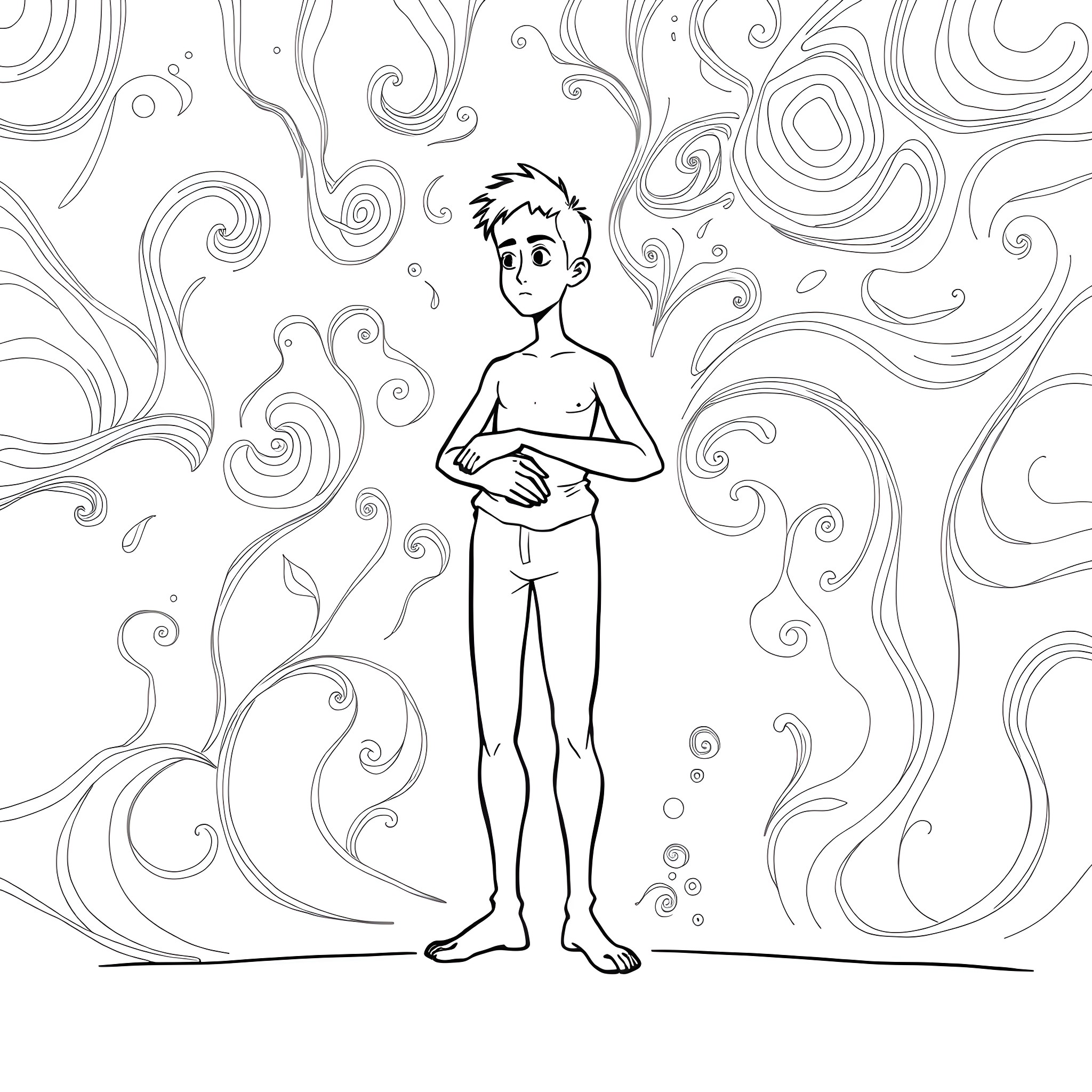 Guy stands amidst whimsical swirling patterns Coloring Page (free black-and-white line drawing printable PDF for all, from beginners to advanced learners, including children, teens, adults, and seniors)