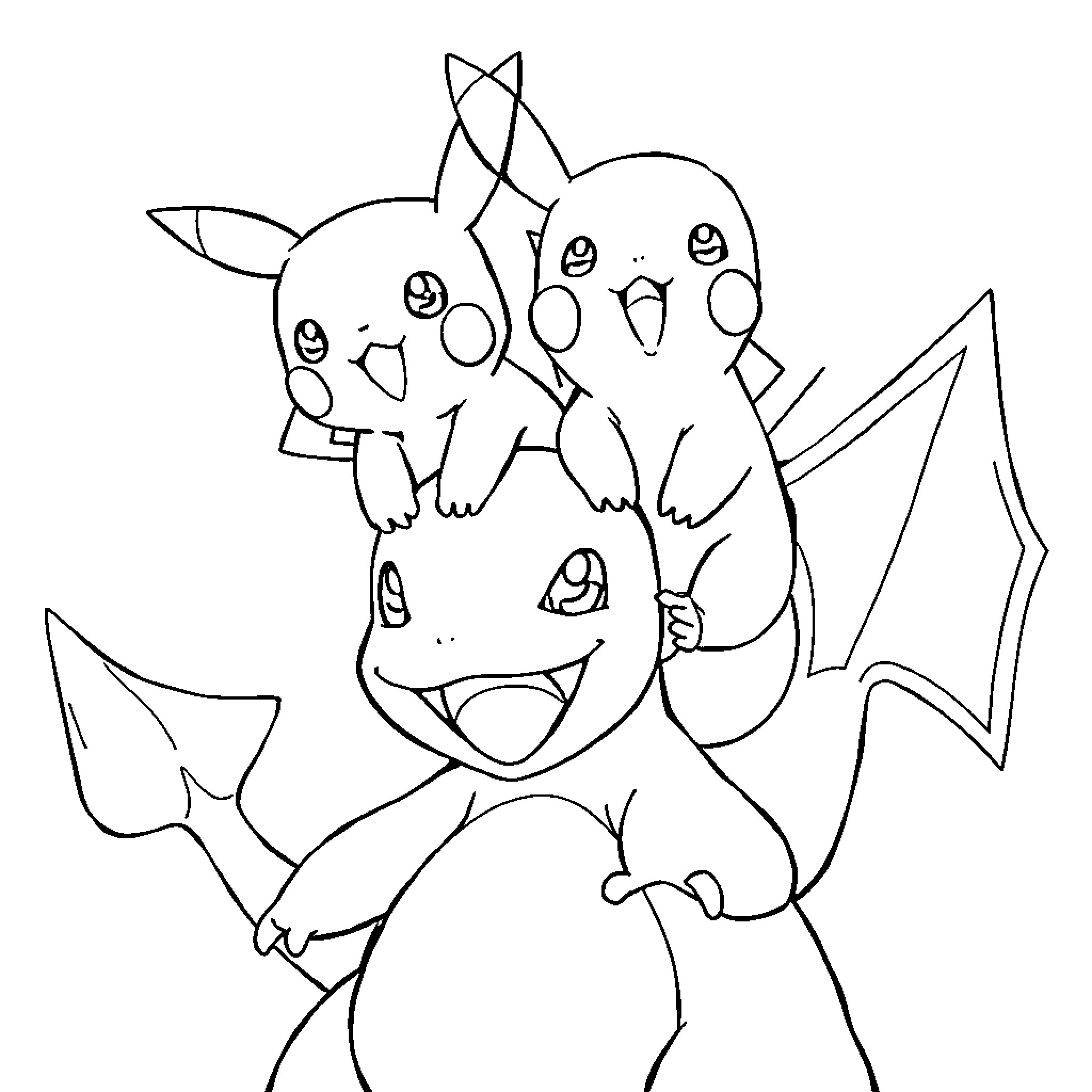 Pikachu duo playing joyfully with electric spear Coloring Page (free black-and-white line drawing printable PDF for all, from beginners to advanced learners, including children, teens, adults, and seniors)