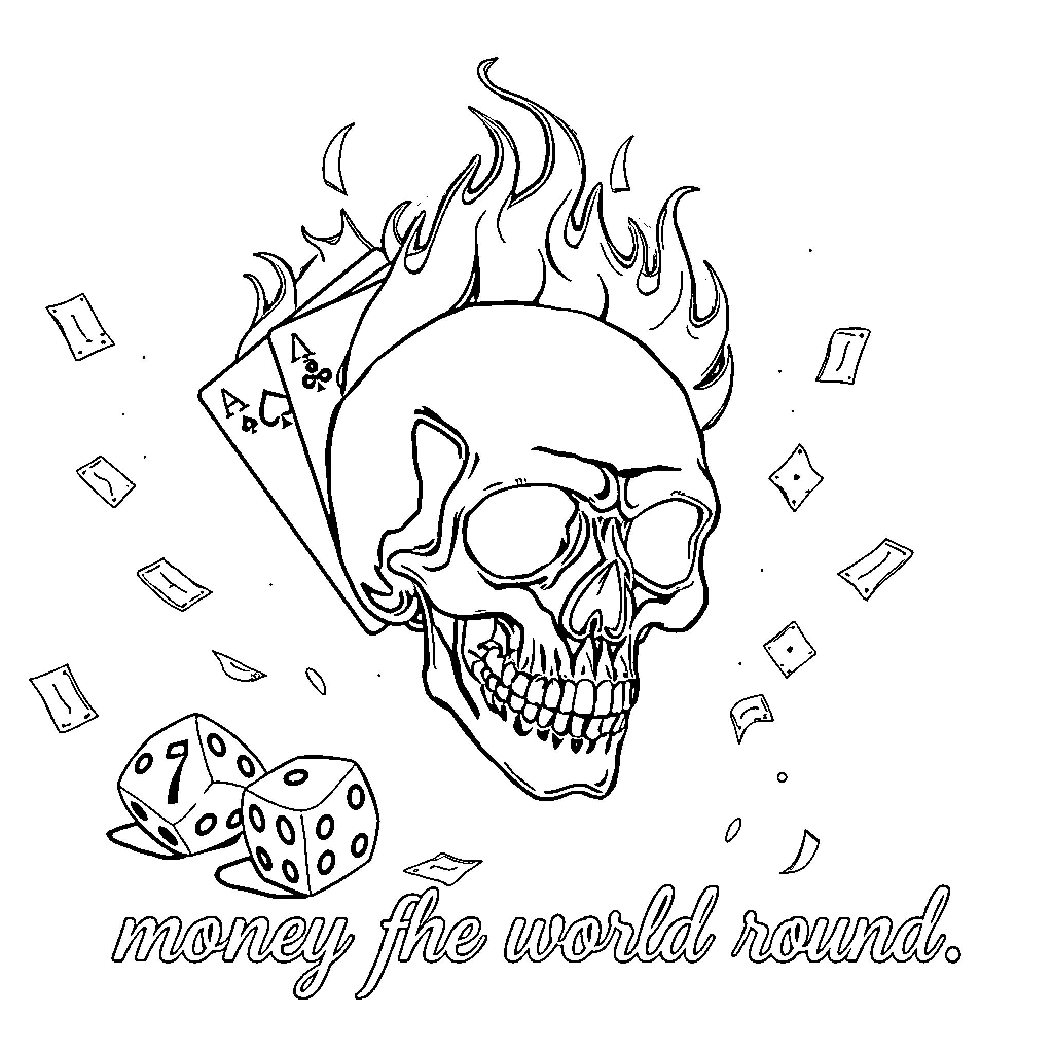 Skull gambling with burning money the world round Coloring Page (free black-and-white line drawing printable PDF for all, from beginners to advanced learners, including children, teens, adults, and seniors)