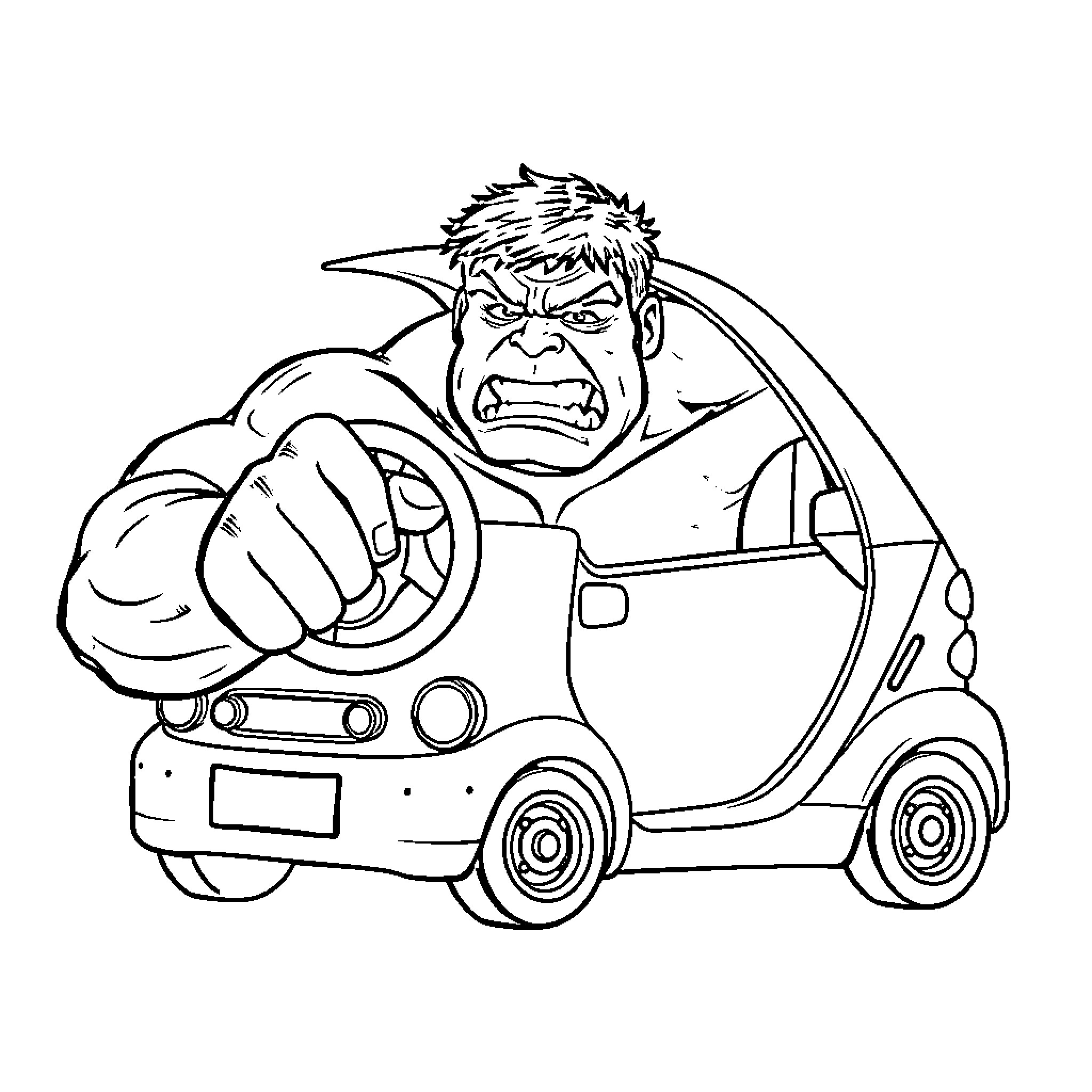 Hulk driving tiny car with angry expression Coloring Page (free black-and-white line drawing printable PDF for all, from beginners to advanced learners, including children, teens, adults, and seniors)