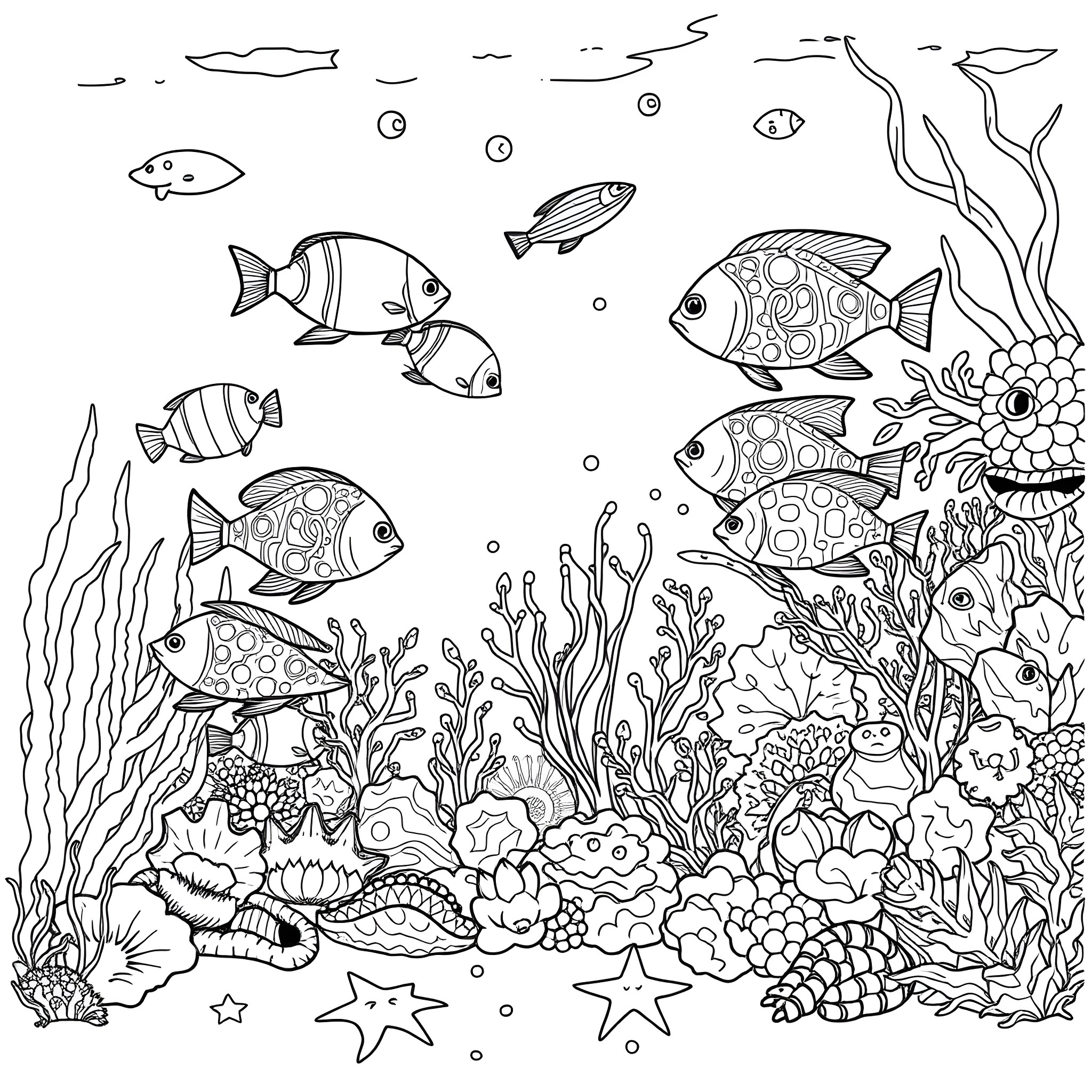 Fish swimming among colorful coral reef Coloring Page (free black-and-white line drawing printable PDF for all, from beginners to advanced learners, including children, teens, adults, and seniors)