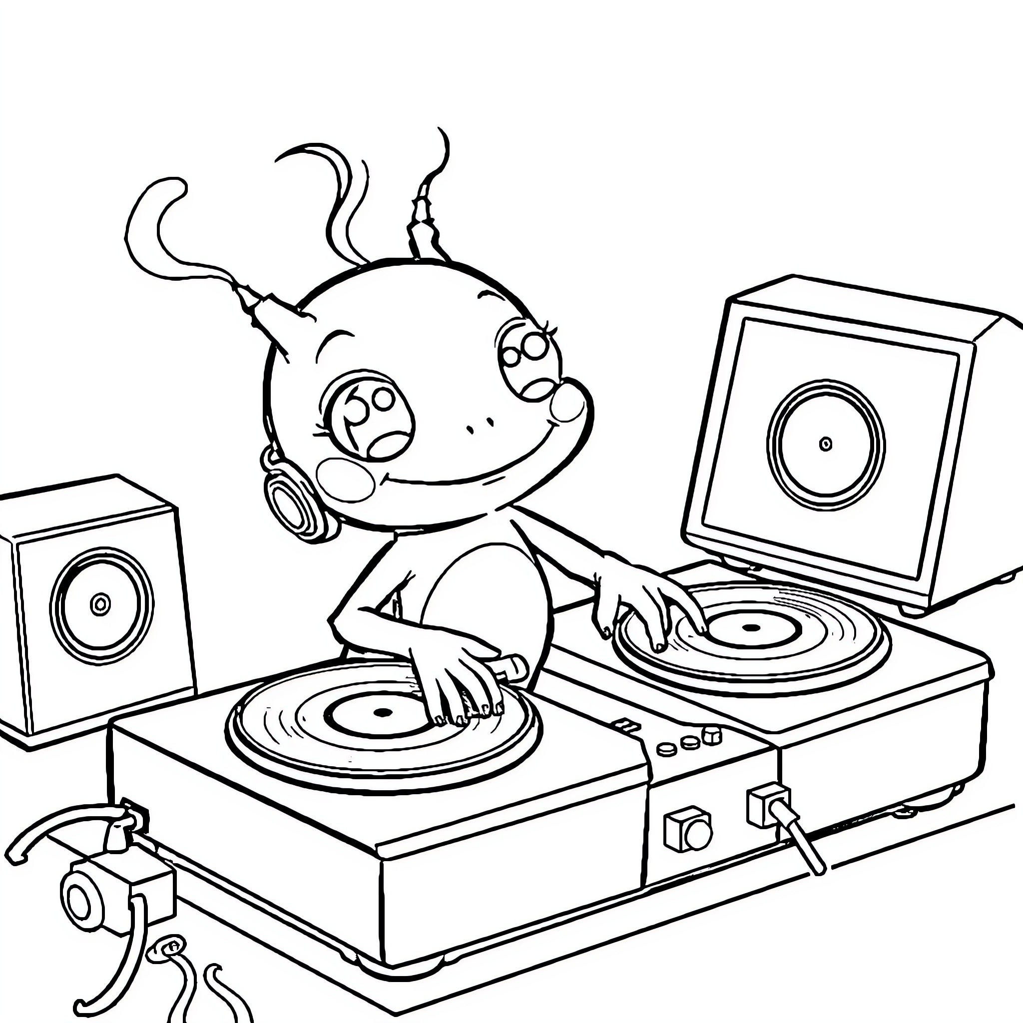 Grogu enjoying music with record player Coloring Page (free black-and-white line drawing printable PDF for all, from beginners to advanced learners, including children, teens, adults, and seniors)