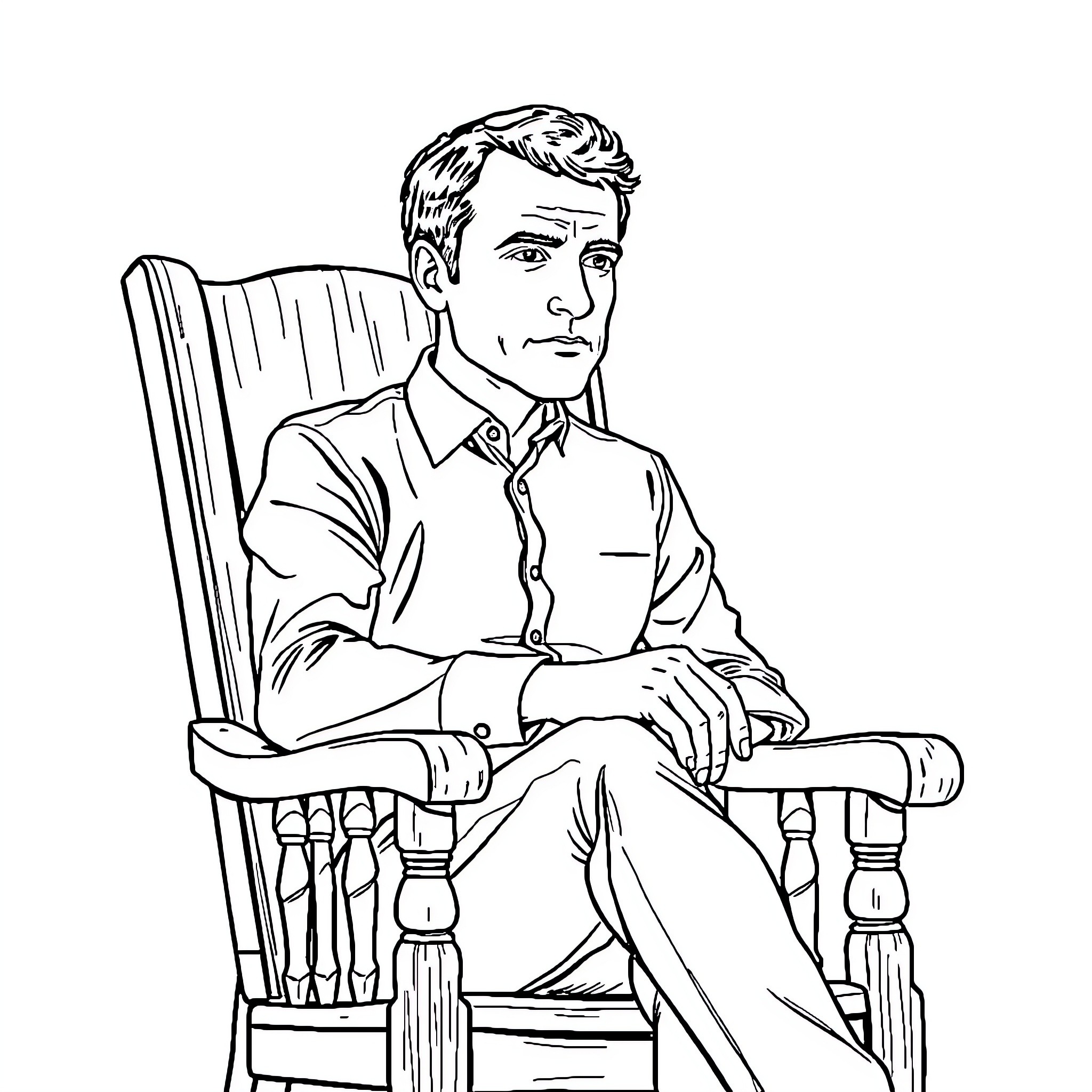 Macron Sitting Thoughtfully in a Chair Coloring Page (free black-and-white line drawing printable PDF for all, from beginners to advanced learners, including children, teens, adults, and seniors)