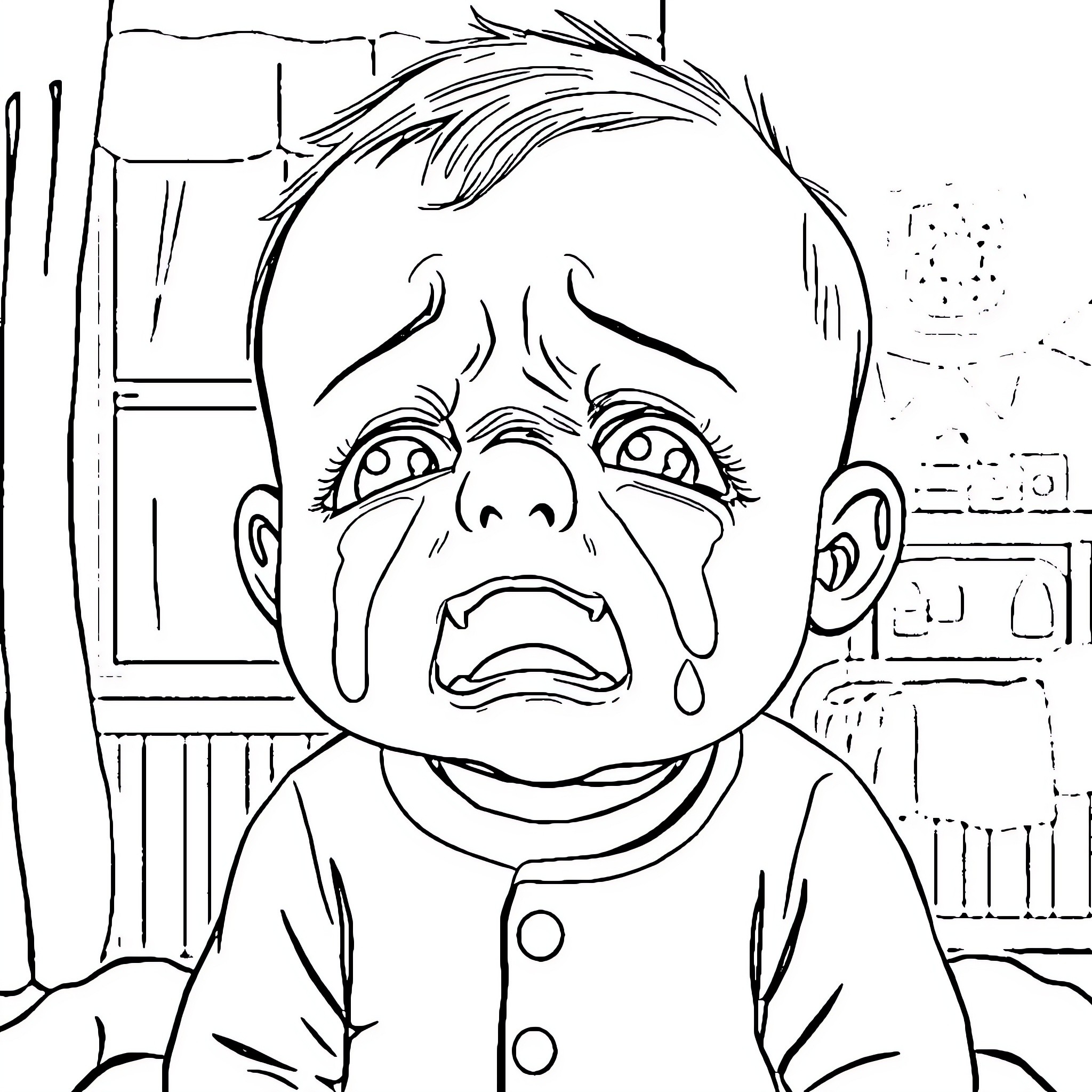 Baby Boy's Tearful Expression Coloring Page (free black-and-white line drawing printable PDF for all, from beginners to advanced learners, including children, teens, adults, and seniors)