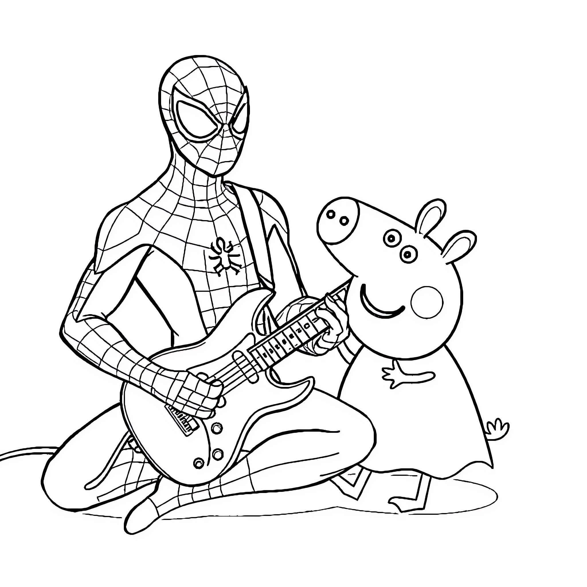 Spiderman plays guitar with Peppa Pig Coloring Page (free black-and-white line drawing printable PDF for all, from beginners to advanced learners, including children, teens, adults, and seniors)