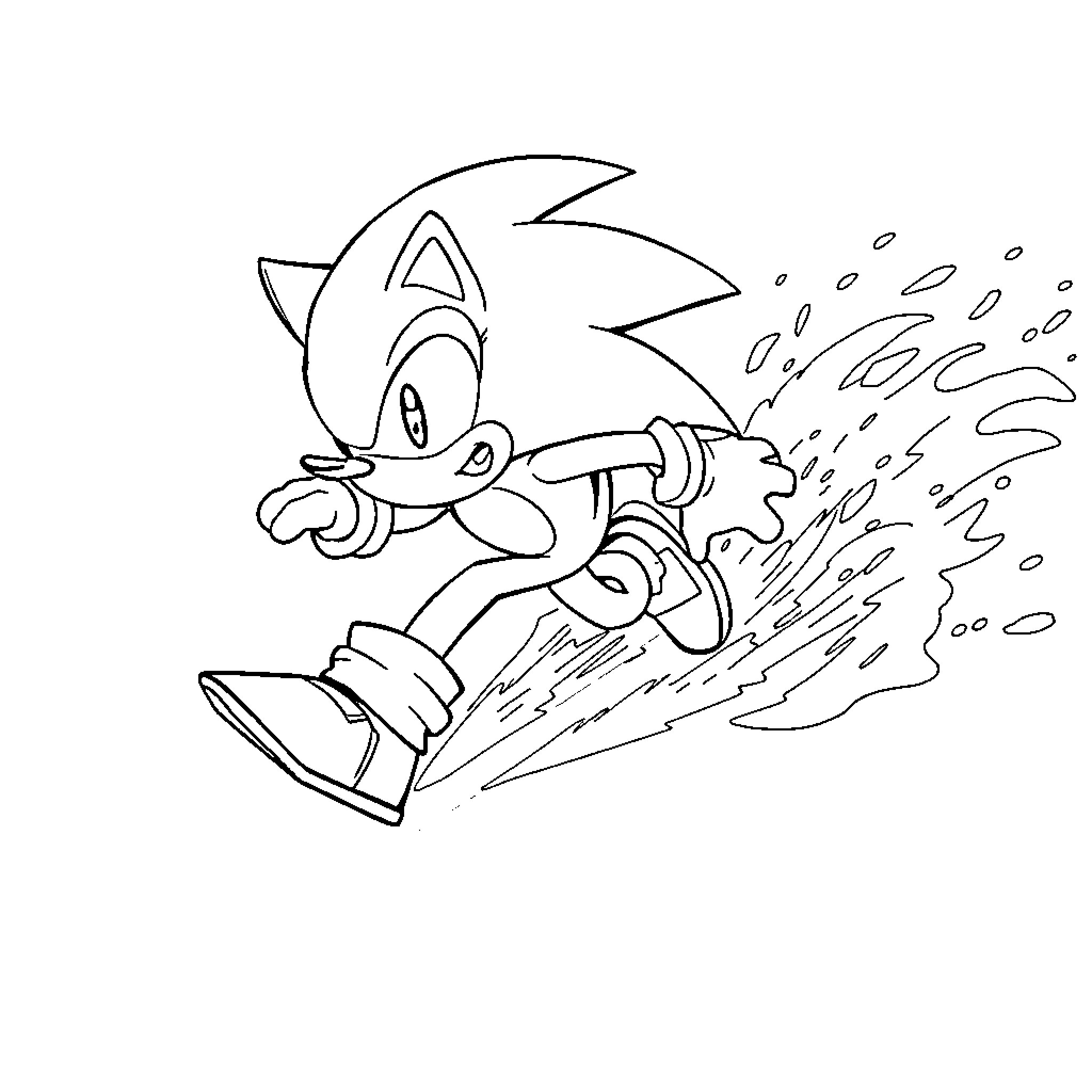 Sonic character running speedily in action Coloring Page (free black-and-white line drawing printable PDF for all, from beginners to advanced learners, including children, teens, adults, and seniors)