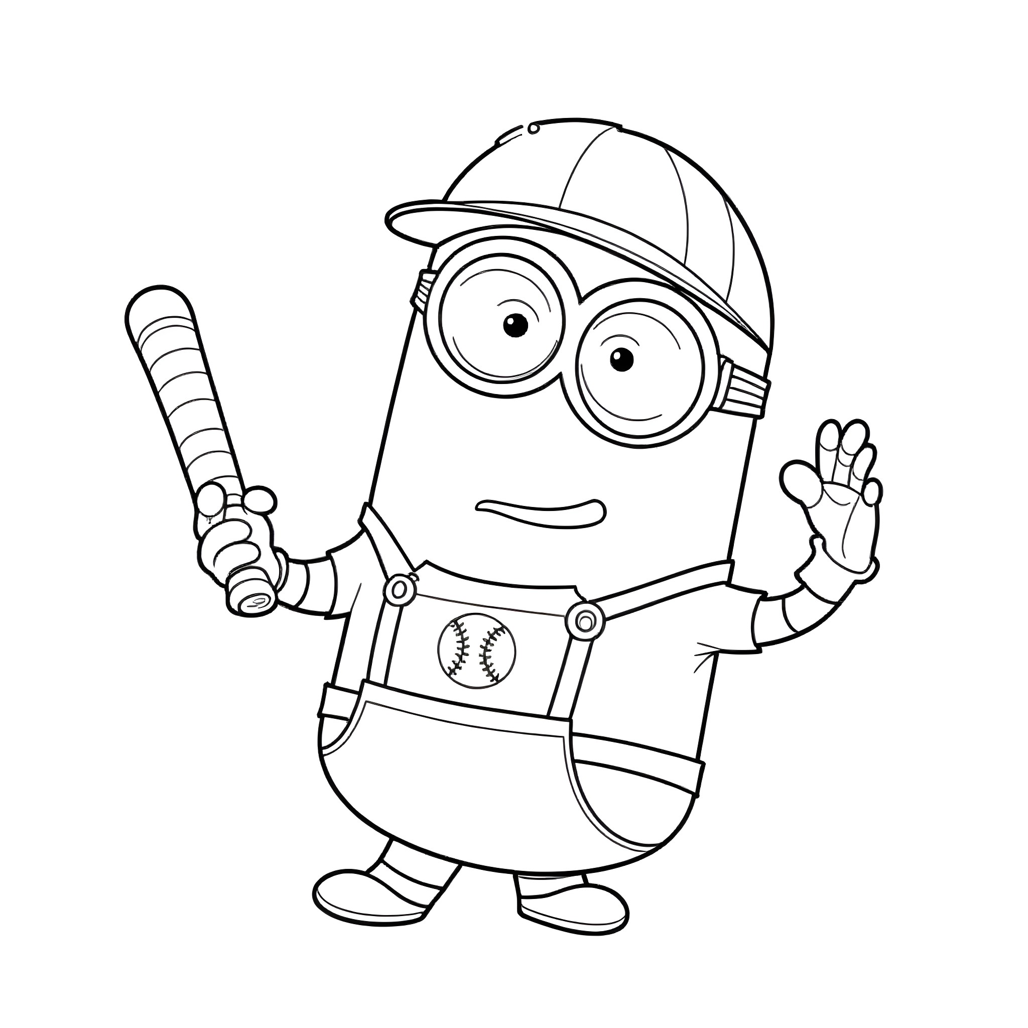 Minion baseball player making a victory sign Coloring Page (free black-and-white line drawing printable PDF for all, from beginners to advanced learners, including children, teens, adults, and seniors)