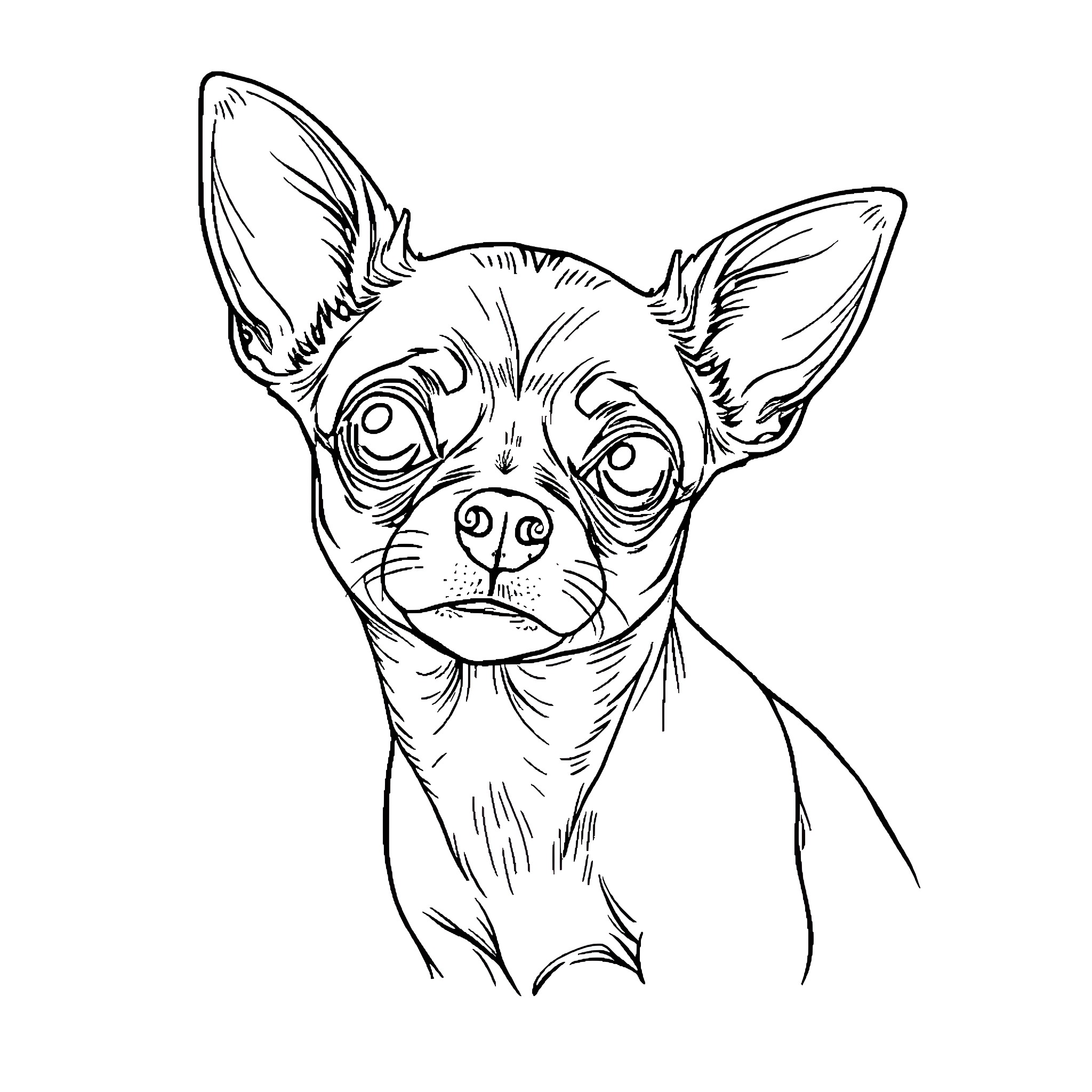Chihuahua with expressive features and alert posture Coloring Page (free black-and-white line drawing printable PDF for all, from beginners to advanced learners, including children, teens, adults, and seniors)