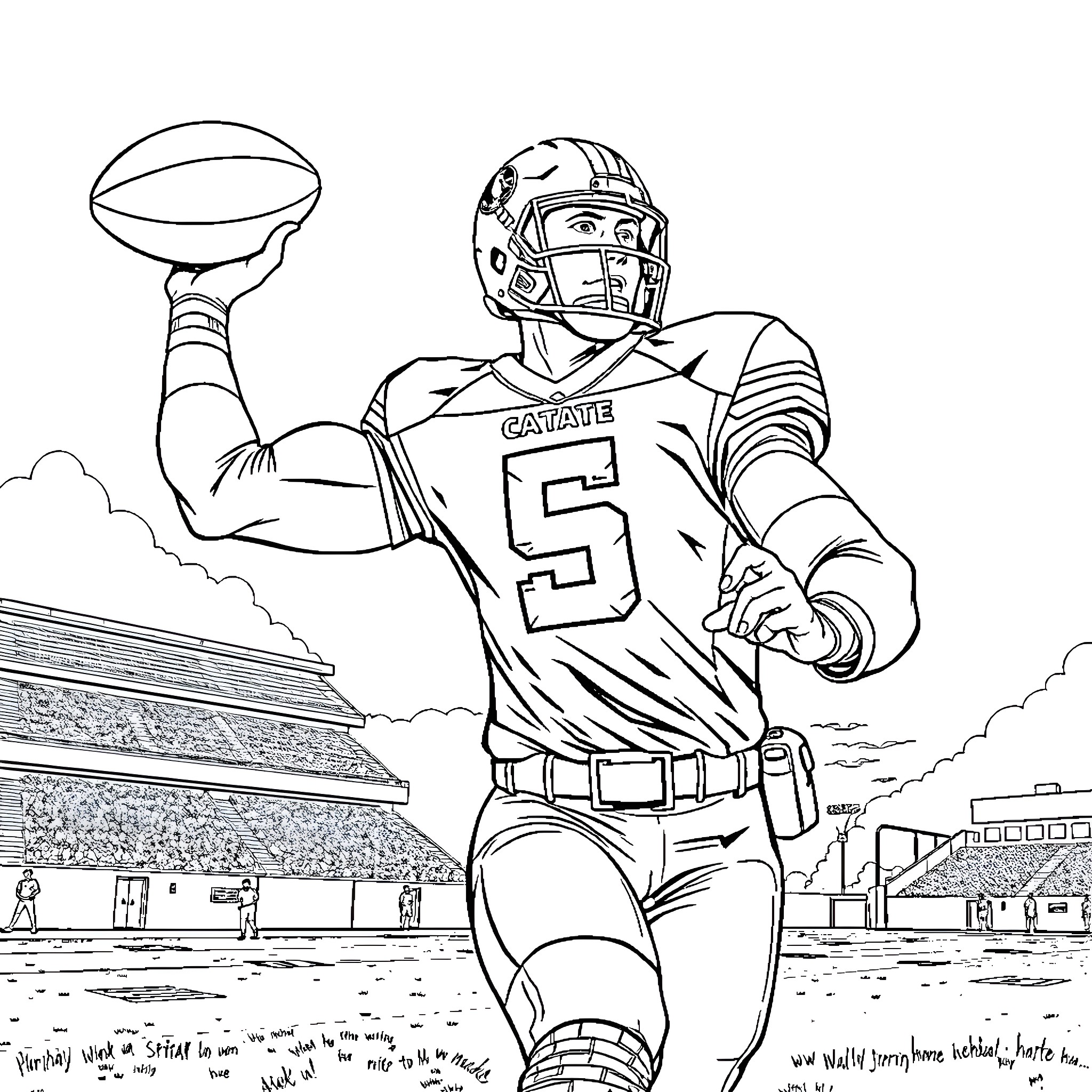 Captain America Football Player Ready to Throw Ball Coloring Page (free black-and-white line drawing printable PDF for all, from beginners to advanced learners, including children, teens, adults, and seniors)