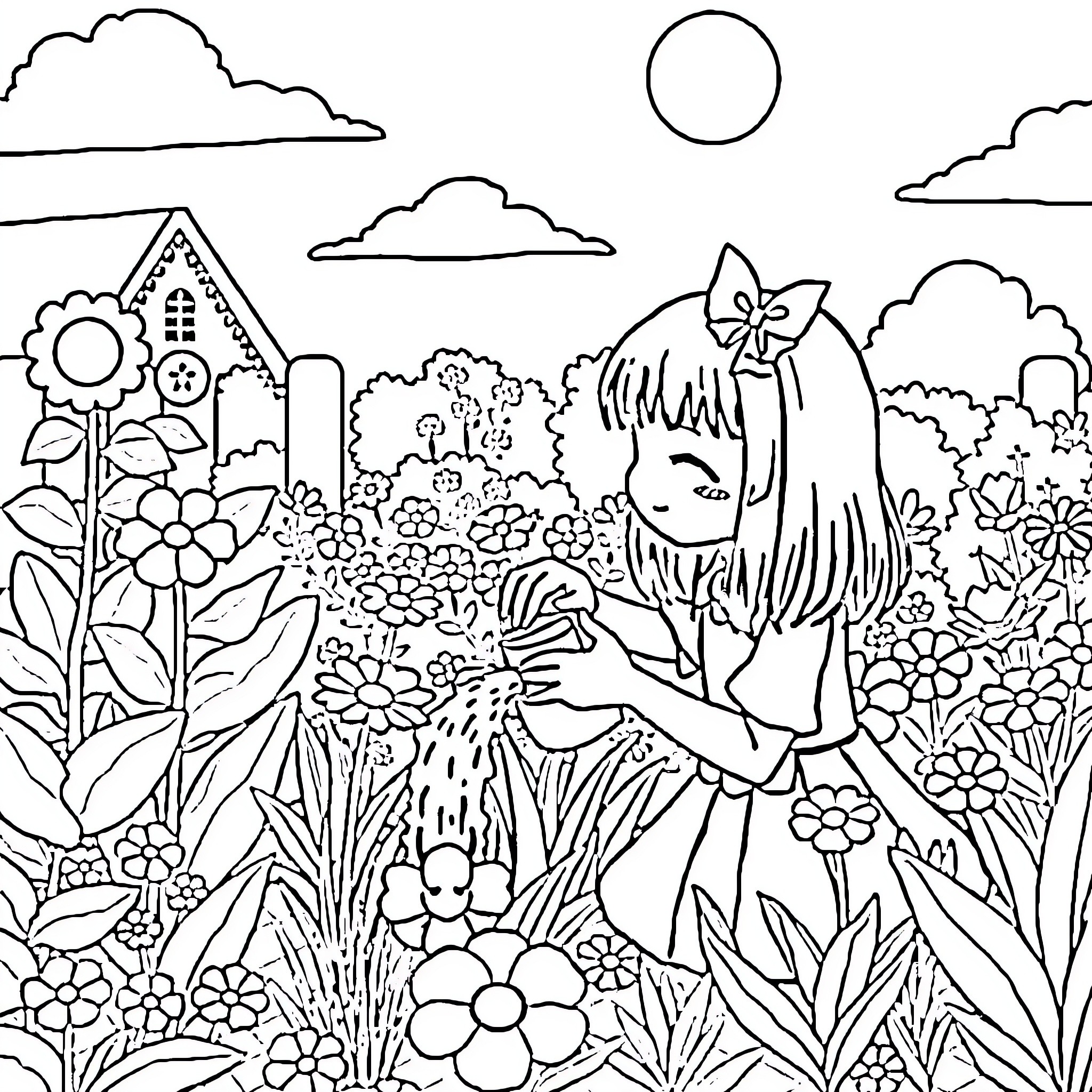 Kuromi exploring a whimsical floral garden Coloring Page (free black-and-white line drawing printable PDF for all, from beginners to advanced learners, including children, teens, adults, and seniors)