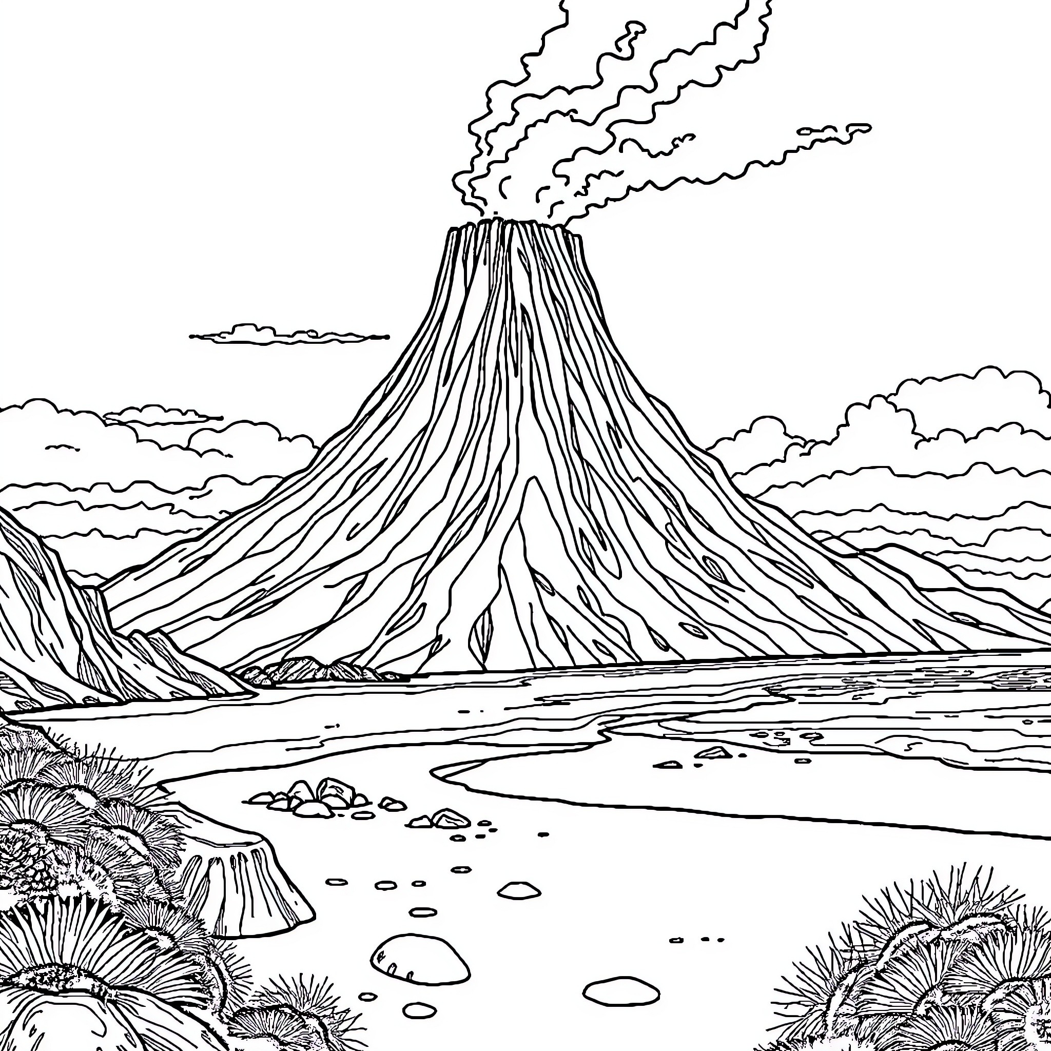 Volcano erupting in a dramatic landscape Coloring Page (free black-and-white line drawing printable PDF for all, from beginners to advanced learners, including children, teens, adults, and seniors)