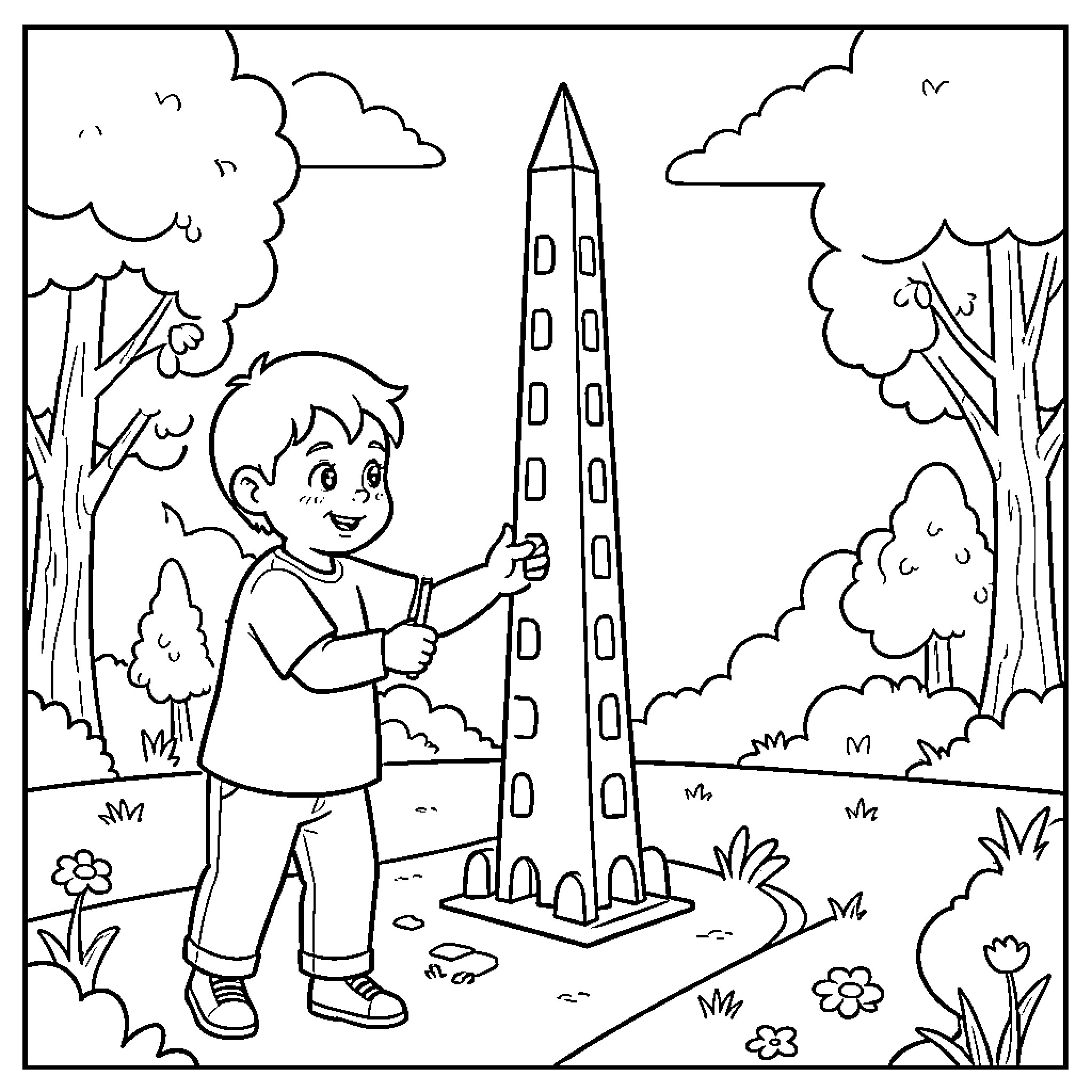 Tallest Thing being admired by a happy boy Coloring Page (free black-and-white line drawing printable PDF for all, from beginners to advanced learners, including children, teens, adults, and seniors)