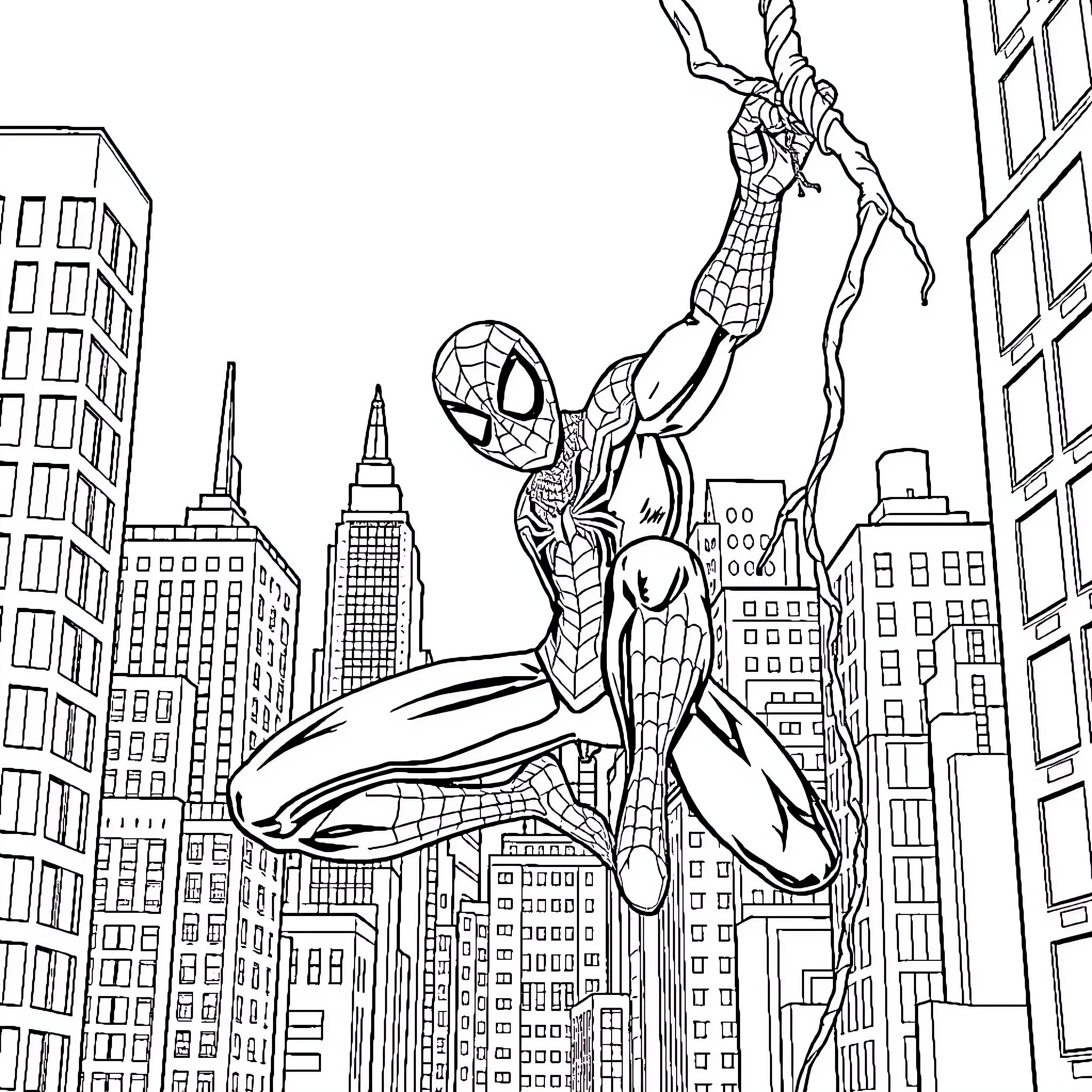 Spiderman swinging through the city skyline Coloring Page (free black-and-white line drawing printable PDF for all, from beginners to advanced learners, including children, teens, adults, and seniors)
