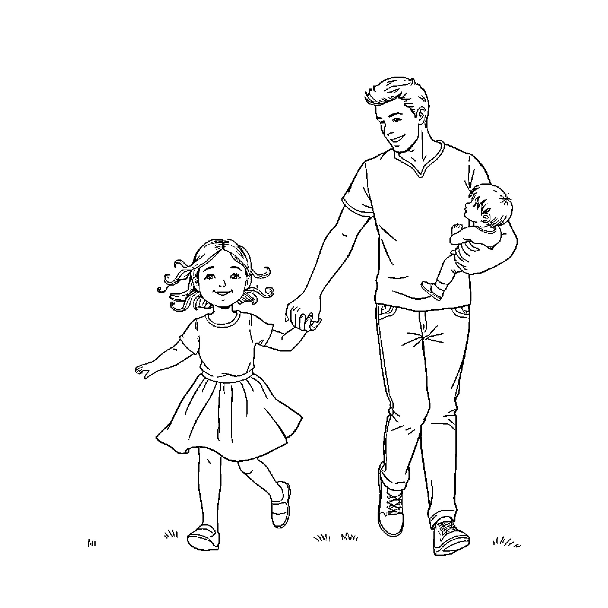 Family strolling together on a sunny day Coloring Page (free black-and-white line drawing printable PDF for all, from beginners to advanced learners, including children, teens, adults, and seniors)
