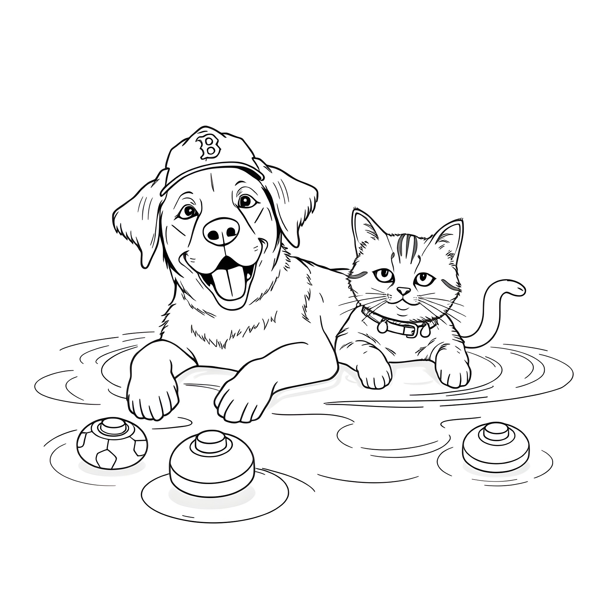 Dog and cat playing with toys in the water Coloring Page (free black-and-white line drawing printable PDF for all, from beginners to advanced learners, including children, teens, adults, and seniors)