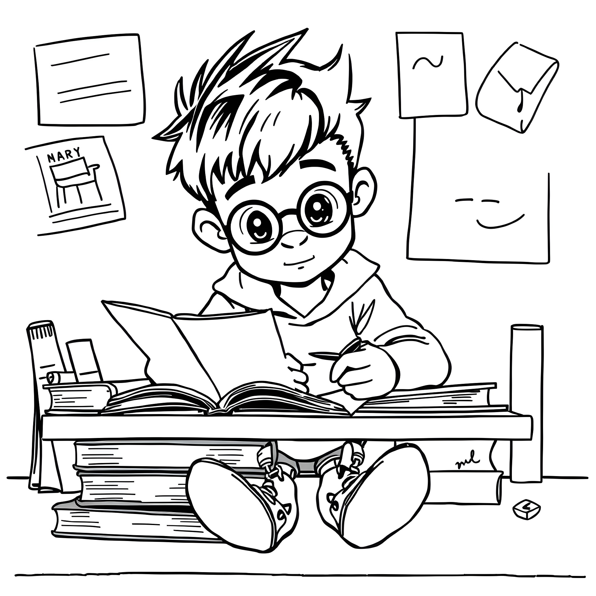 Mikey diligently studies at his desk Coloring Page (free black-and-white line drawing printable PDF for all, from beginners to advanced learners, including children, teens, adults, and seniors)