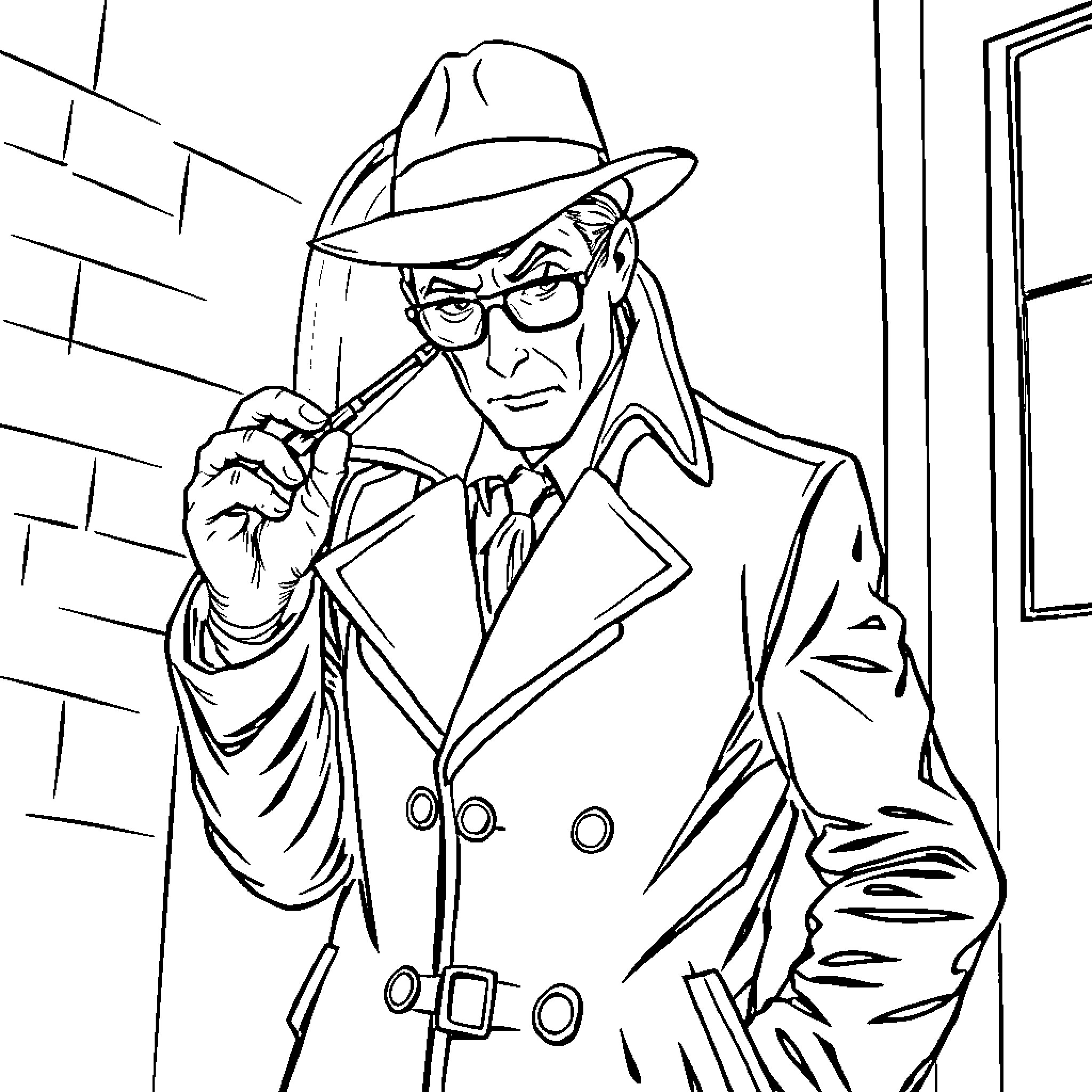 Ben Plont: Detective investigates clues in the alley Coloring Page (free black-and-white line drawing printable PDF for all, from beginners to advanced learners, including children, teens, adults, and seniors)