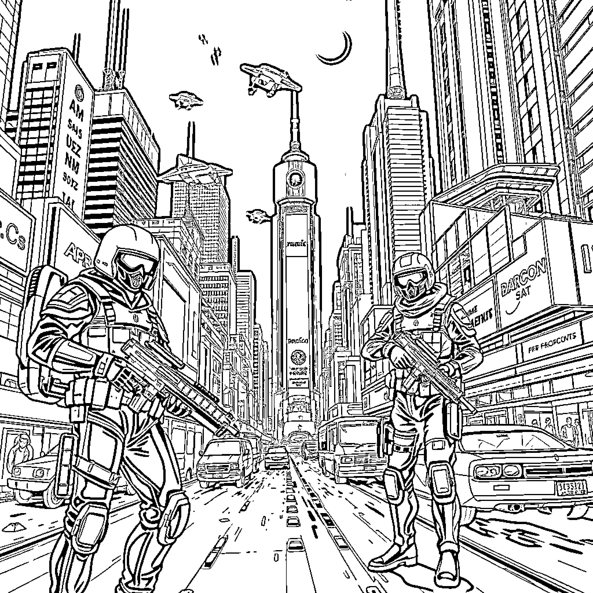 Soldier Patrol in Futuristic Cityscape Coloring Page (free black-and-white line drawing printable PDF for all, from beginners to advanced learners, including children, teens, adults, and seniors)