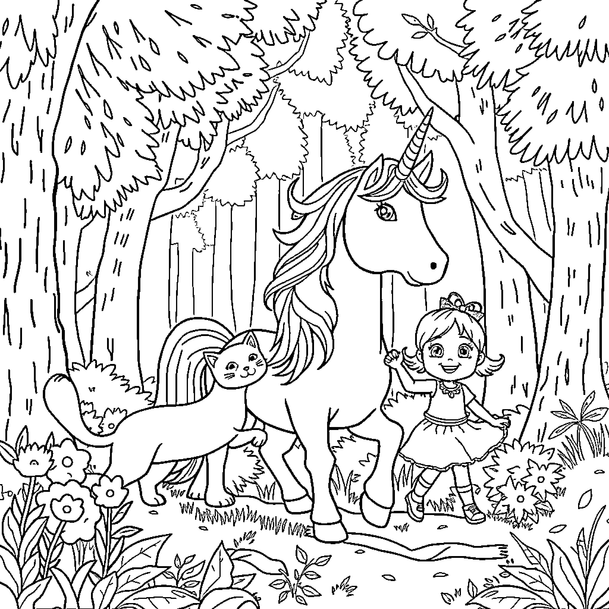 Unicorn and girl exploring the enchanted forest Coloring Page (free black-and-white line drawing printable PDF for all, from beginners to advanced learners, including children, teens, adults, and seniors)