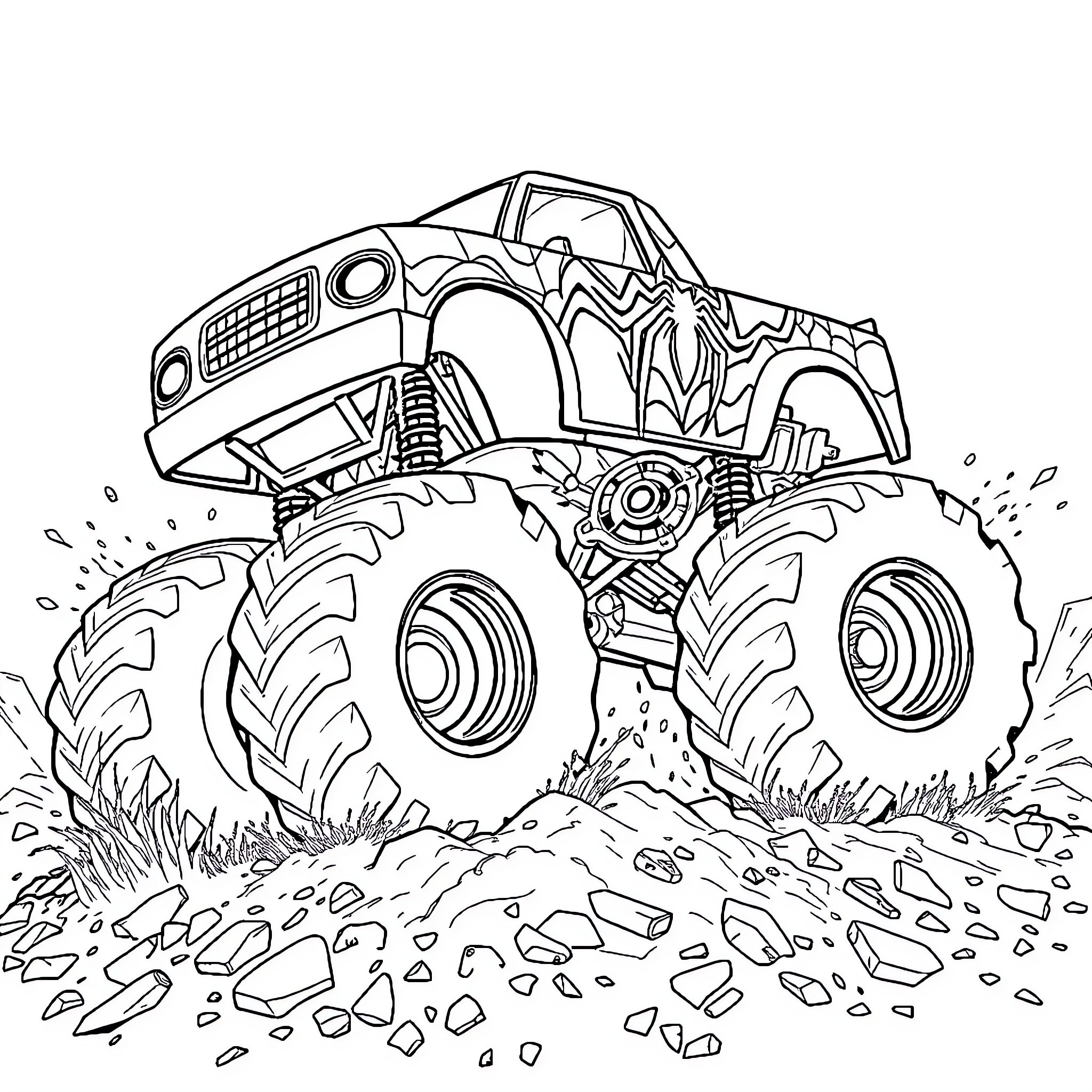 Monster Truck Crushing Boulders with Powerful Wheels Coloring Page (free black-and-white line drawing printable PDF for all, from beginners to advanced learners, including children, teens, adults, and seniors)