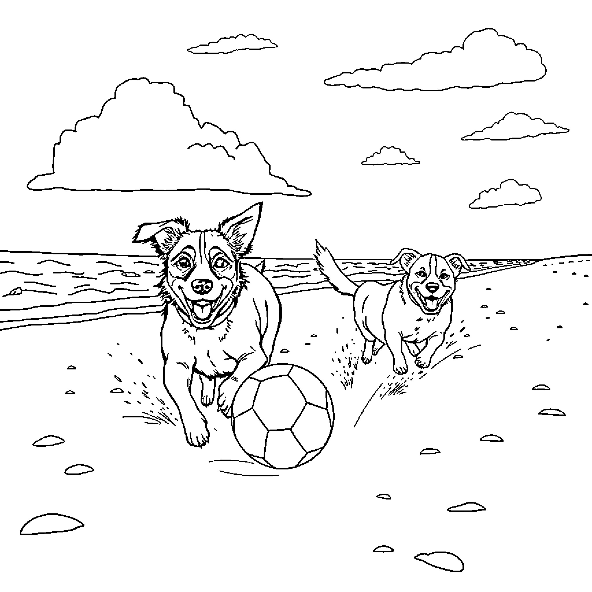 Dogs playing joyfully with soccer ball on the beach Coloring Page (free black-and-white line drawing printable PDF for all, from beginners to advanced learners, including children, teens, adults, and seniors)