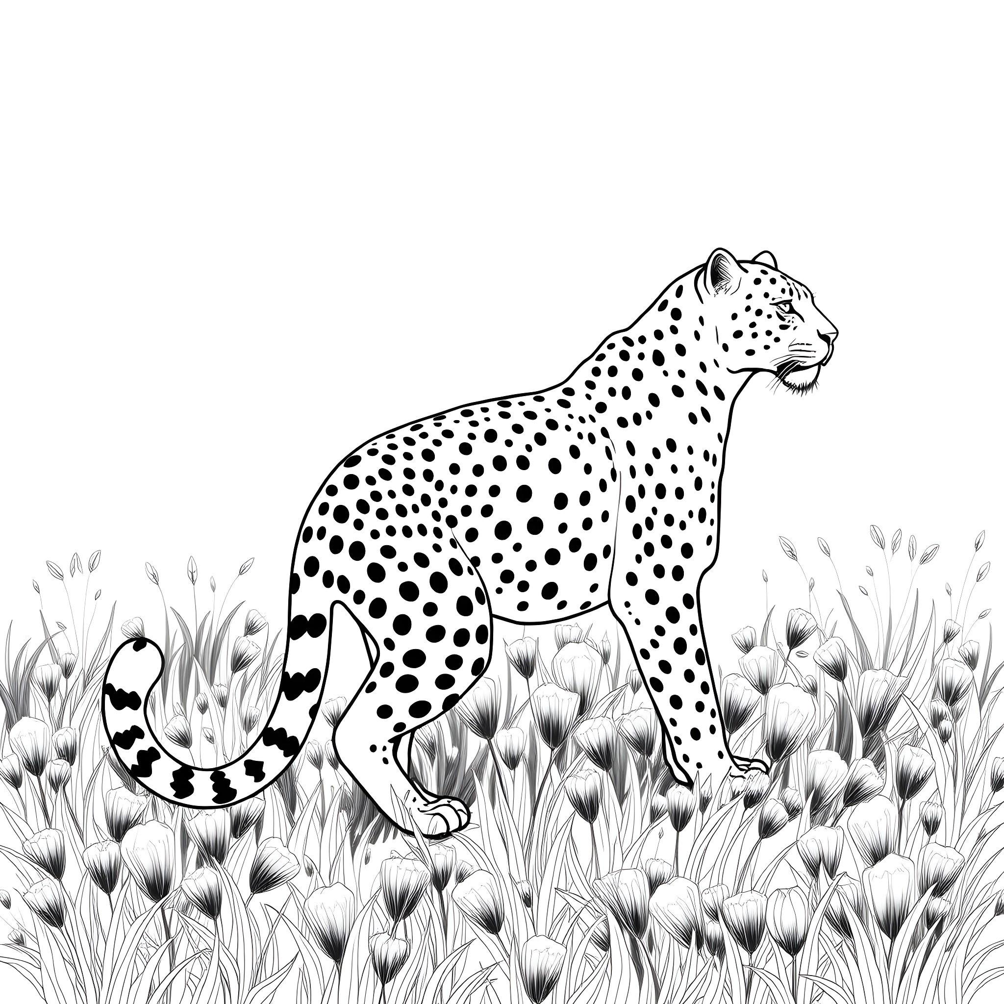 Leopard prowling through the tall grass Coloring Page (free black-and-white line drawing printable PDF for all, from beginners to advanced learners, including children, teens, adults, and seniors)
