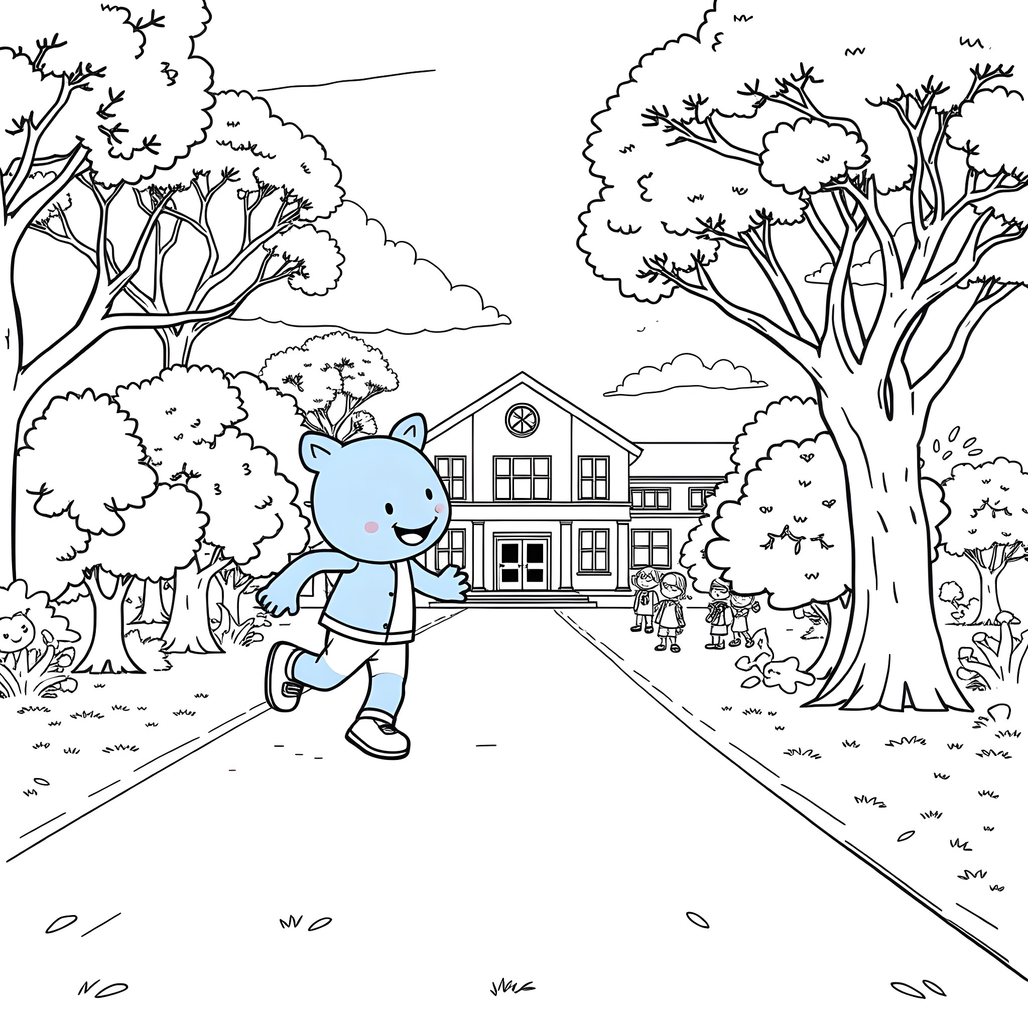 Bluey exploring the neighborhood with friends Coloring Page (free black-and-white line drawing printable PDF for all, from beginners to advanced learners, including children, teens, adults, and seniors)