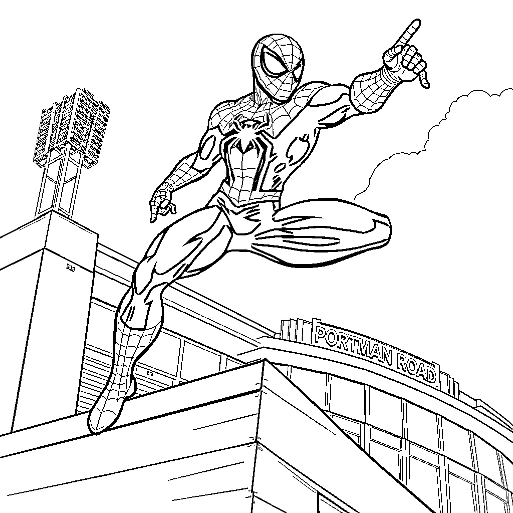 Spiderman scaling skyscraper in action-packed scene Coloring Page (free black-and-white line drawing printable PDF for all, from beginners to advanced learners, including children, teens, adults, and seniors)