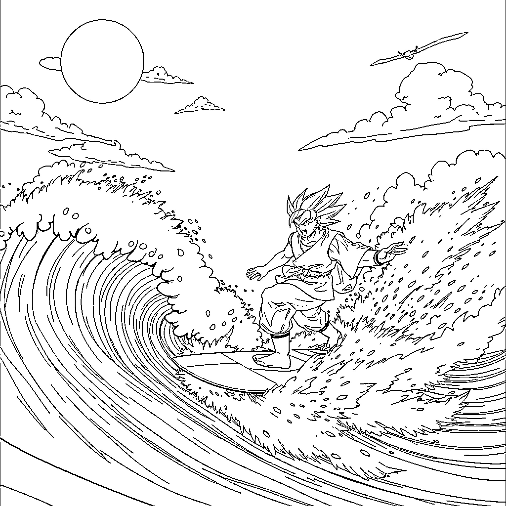 Sangoku Surfs Mighty Waves with Fierce Determination Coloring Page (free black-and-white line drawing printable PDF for all, from beginners to advanced learners, including children, teens, adults, and seniors)