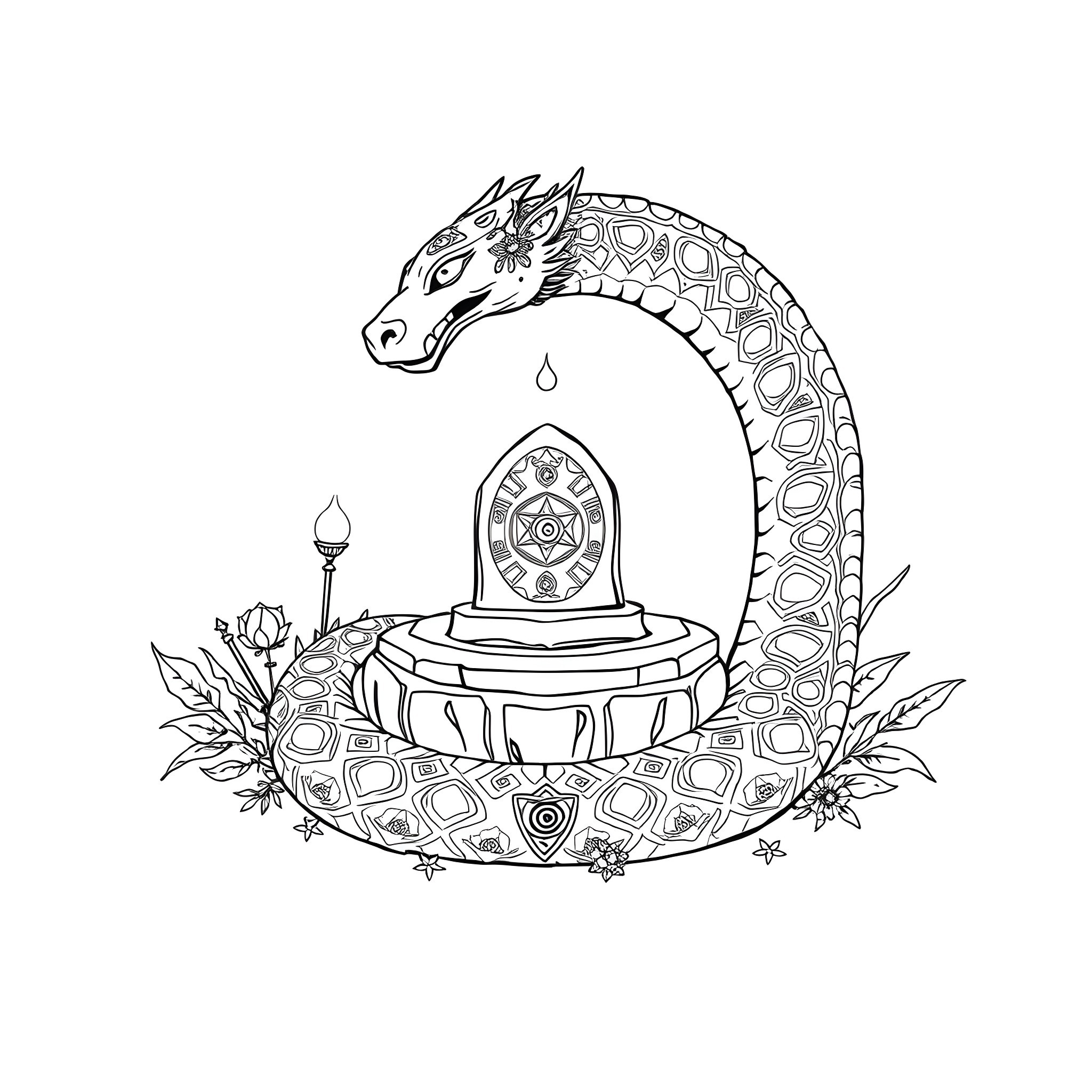Uktena guarding the mystical fountain Coloring Page (free black-and-white line drawing printable PDF for all, from beginners to advanced learners, including children, teens, adults, and seniors)