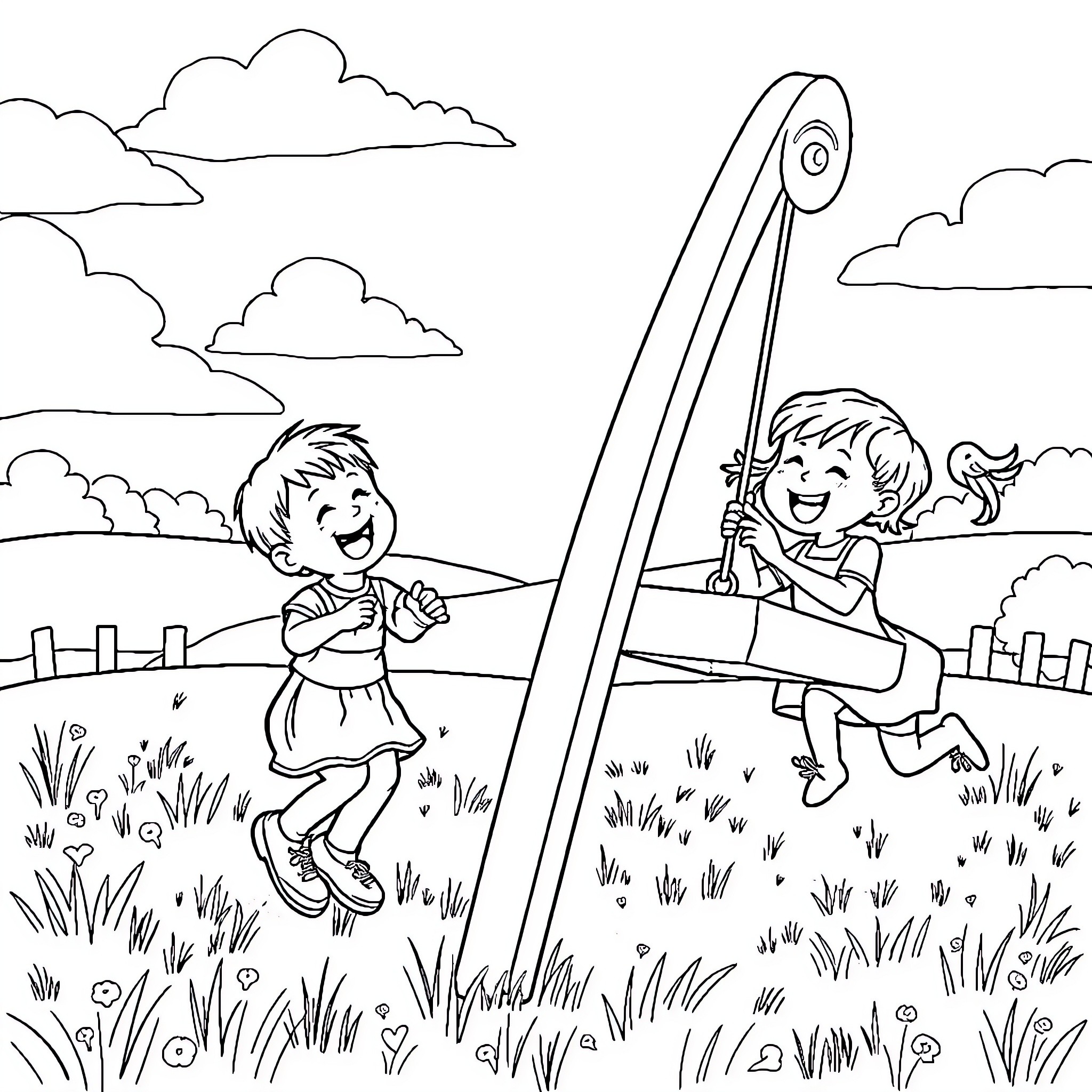Kid playing on swing with friend in park Coloring Page (free black-and-white line drawing printable PDF for all, from beginners to advanced learners, including children, teens, adults, and seniors)