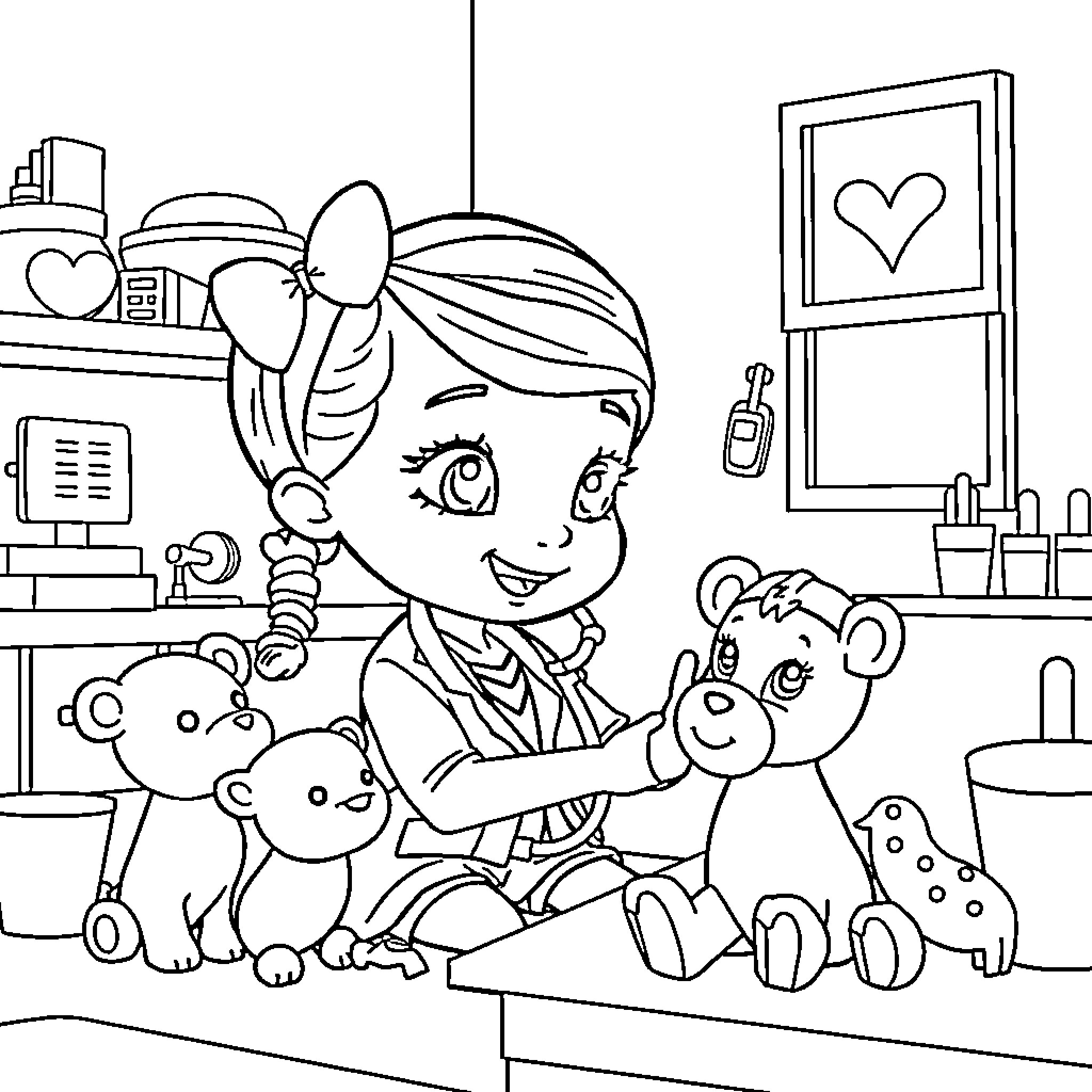 Doc McStuffins caring for her stuffed animal patients Coloring Page (free black-and-white line drawing printable PDF for all, from beginners to advanced learners, including children, teens, adults, and seniors)