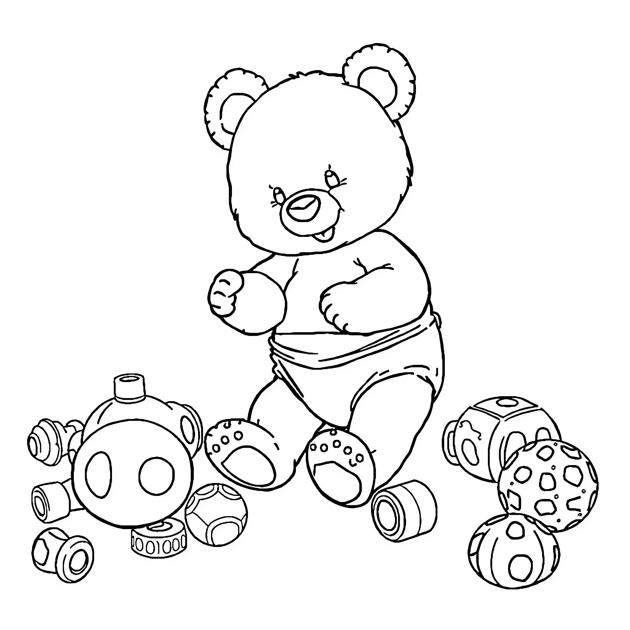 Teddy bear playing with toys Coloring Page (free black-and-white line drawing printable PDF for all, from beginners to advanced learners, including children, teens, adults, and seniors)