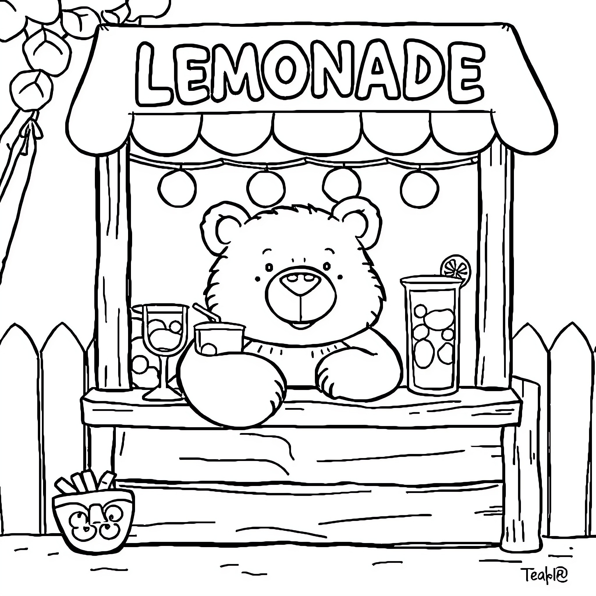 Bear operating lemonade stand in outdoor setting Coloring Page (free black-and-white line drawing printable PDF for all, from beginners to advanced learners, including children, teens, adults, and seniors)